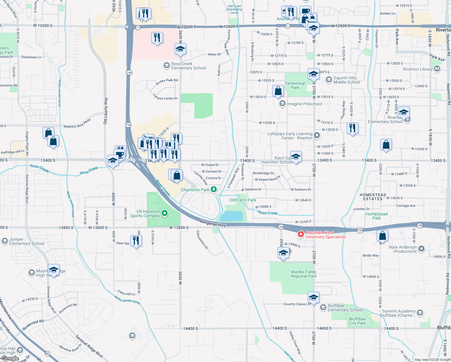 map of restaurants, bars, coffee shops, grocery stores, and more near 13529 Chamonix Way in Riverton