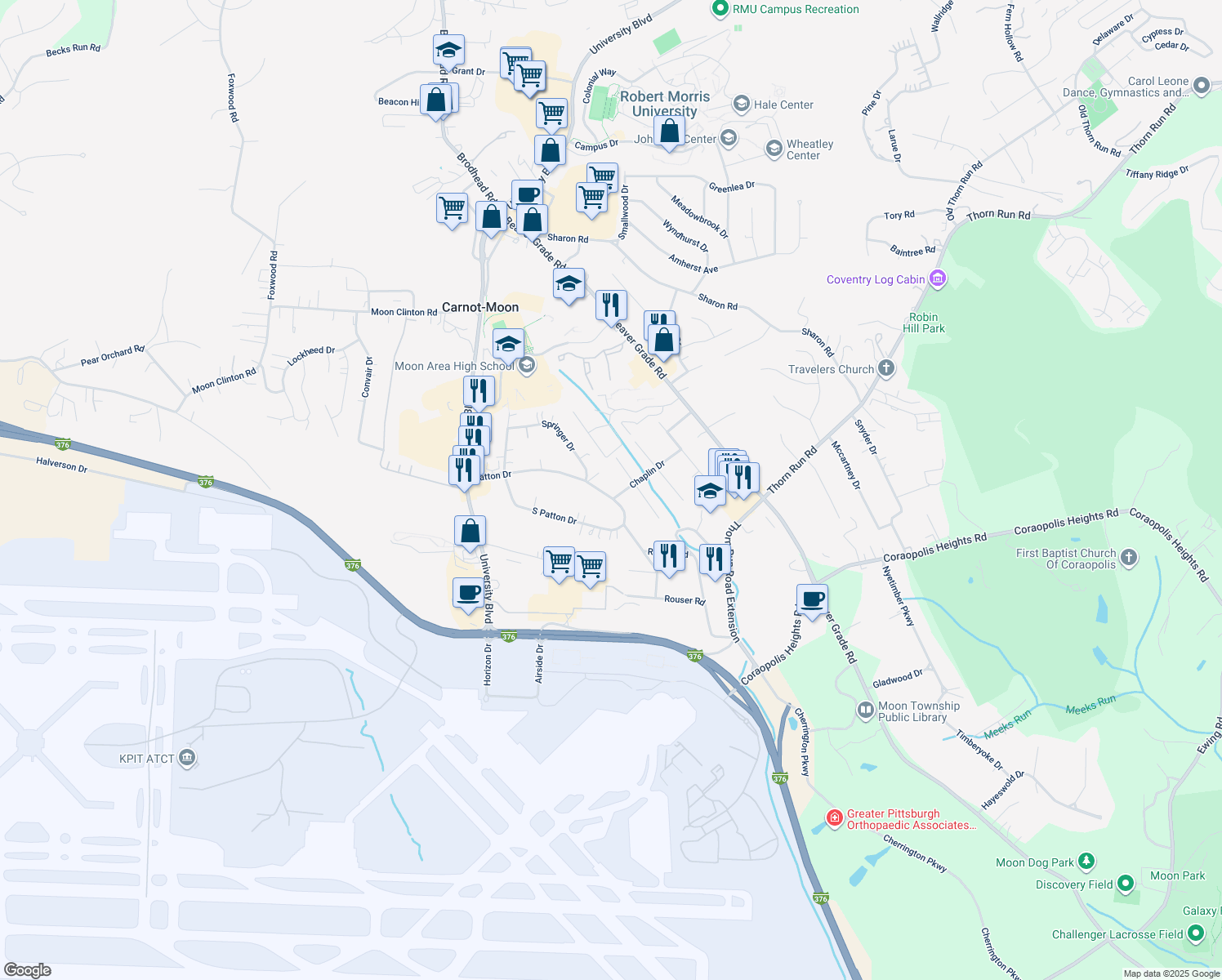 map of restaurants, bars, coffee shops, grocery stores, and more near 237 Patton Drive in Coraopolis