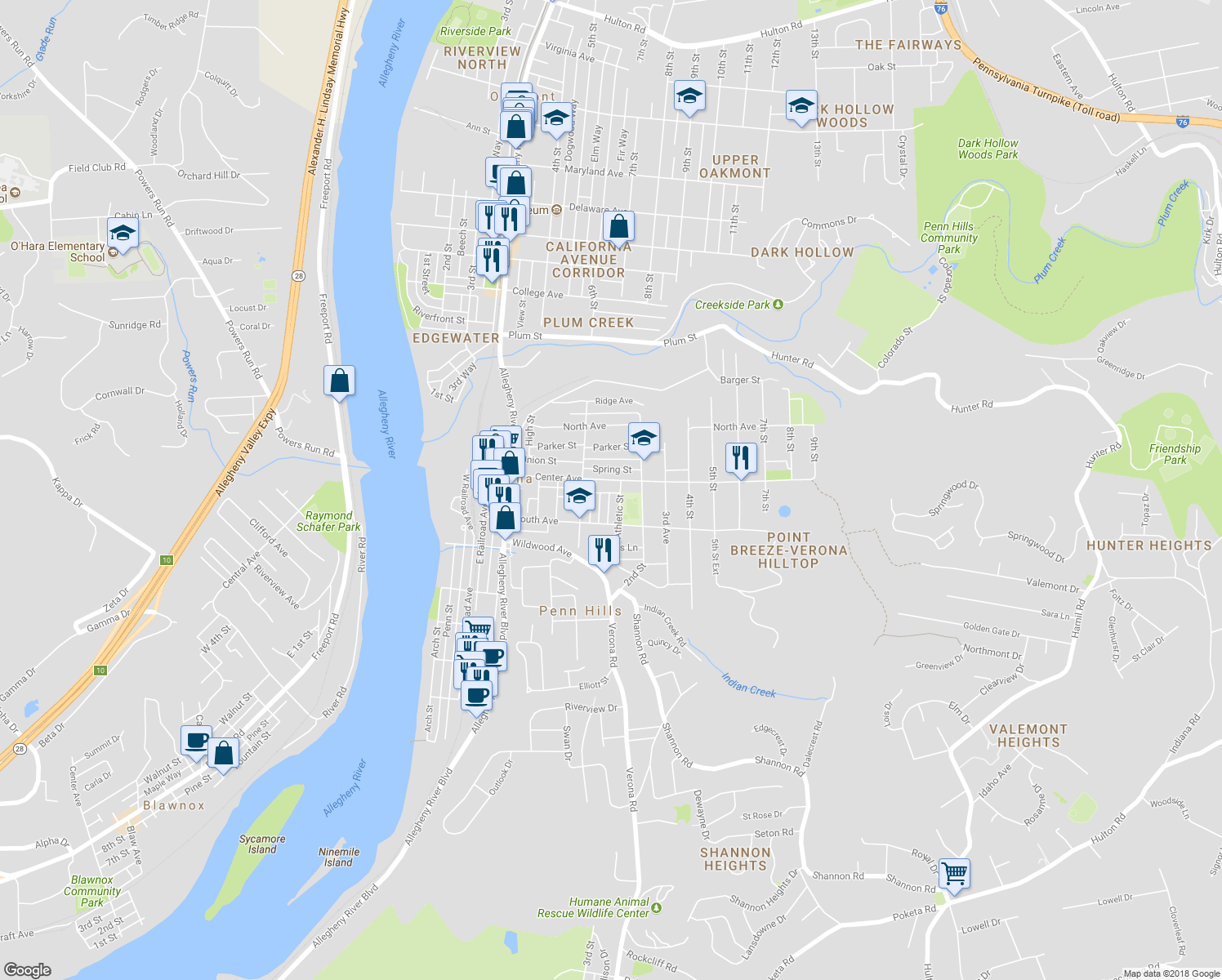 map of restaurants, bars, coffee shops, grocery stores, and more near 540 Center Avenue in Verona