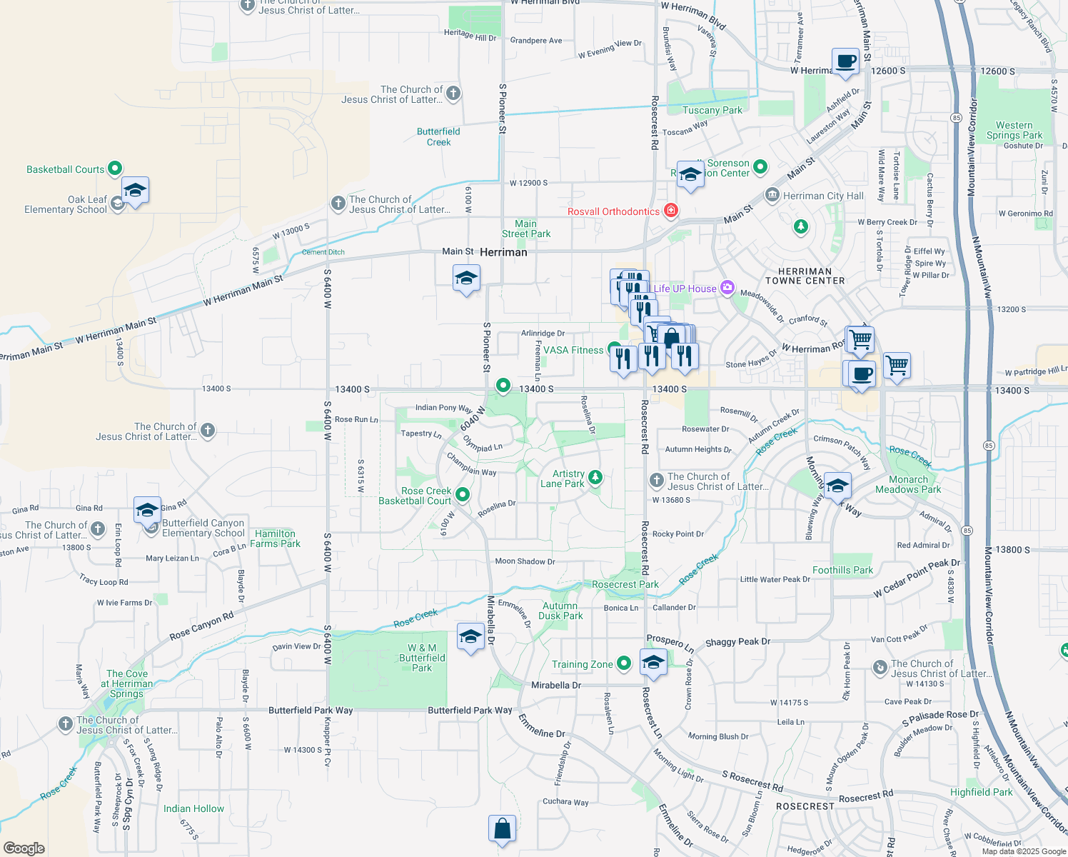 map of restaurants, bars, coffee shops, grocery stores, and more near 5870 Colt Hollow Court in Herriman