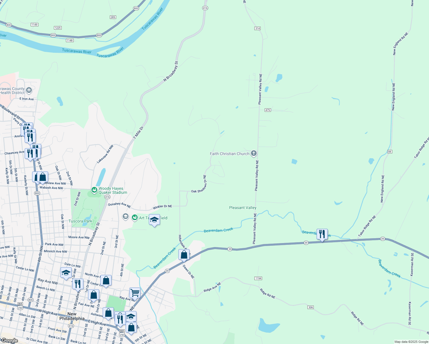 map of restaurants, bars, coffee shops, grocery stores, and more near 1123 Pine Bluff Drive Northeast in New Philadelphia