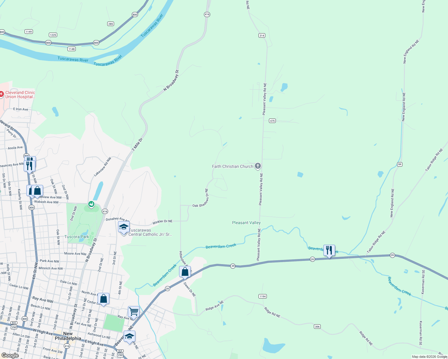 map of restaurants, bars, coffee shops, grocery stores, and more near 1164 Pine Bluff Dr NE in New Philadelphia