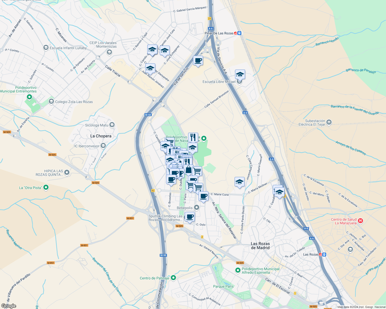 map of restaurants, bars, coffee shops, grocery stores, and more near 16 Avenida Nuestra Señora del Retamar in Las Rozas