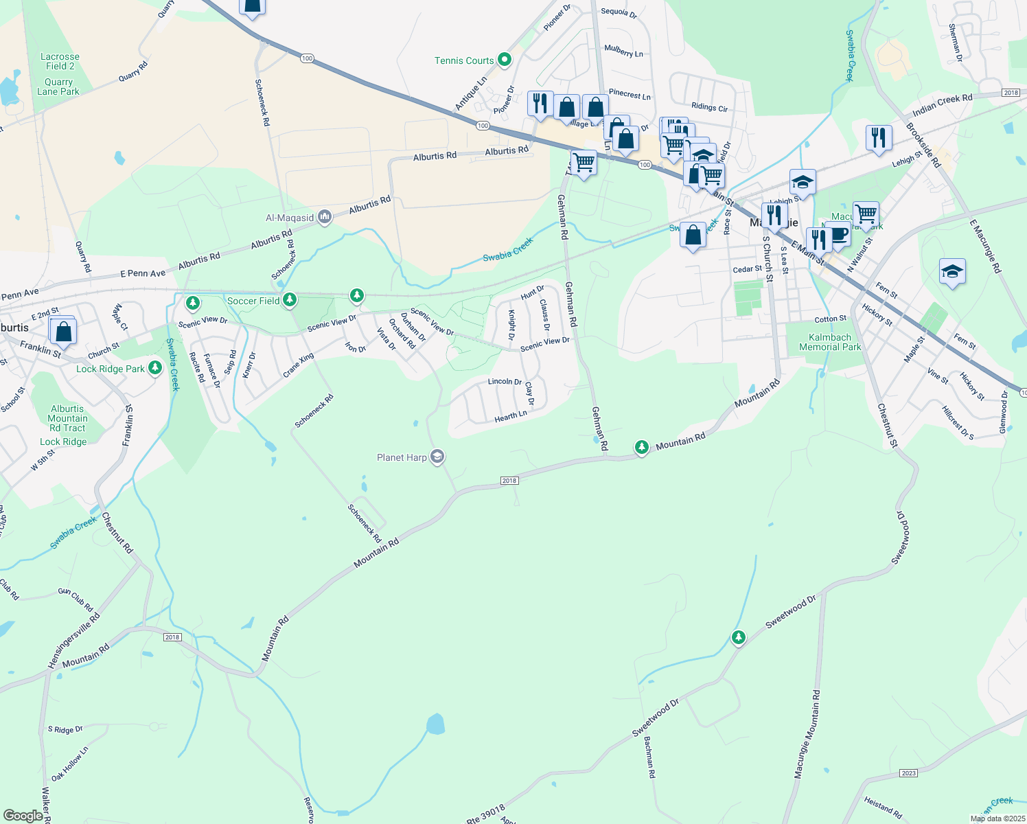 map of restaurants, bars, coffee shops, grocery stores, and more near 3898 Firebrick Road in Macungie