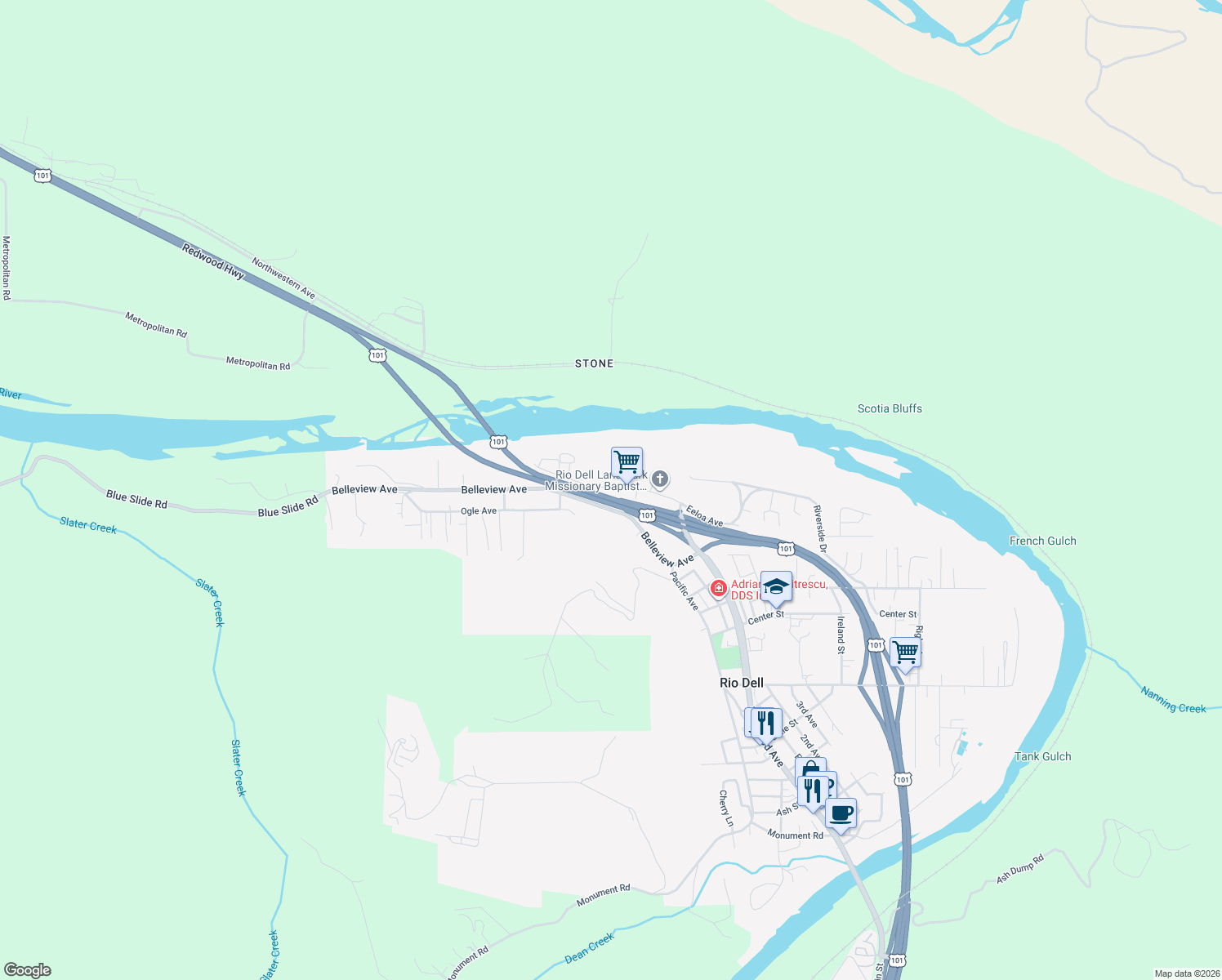 map of restaurants, bars, coffee shops, grocery stores, and more near 1348 Eeloa Avenue in Rio Dell
