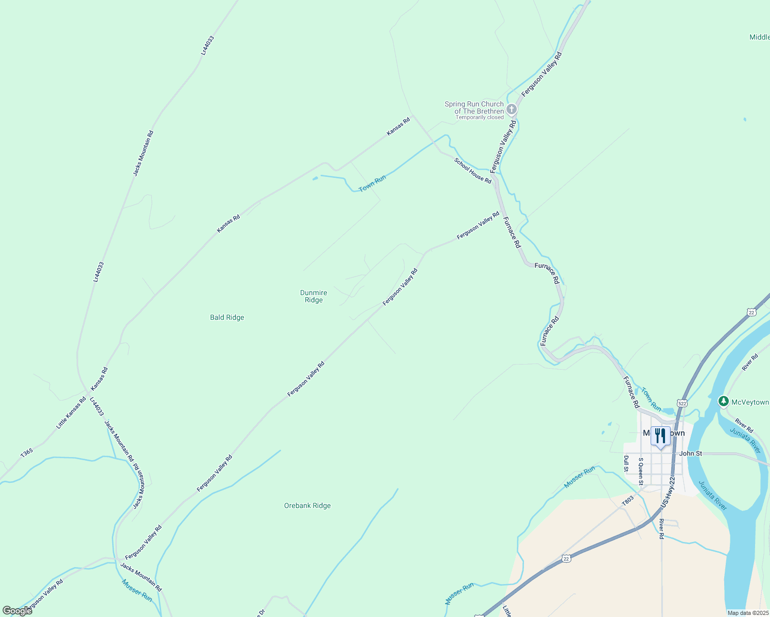 map of restaurants, bars, coffee shops, grocery stores, and more near 6159 Ferguson Valley Road in McVeytown