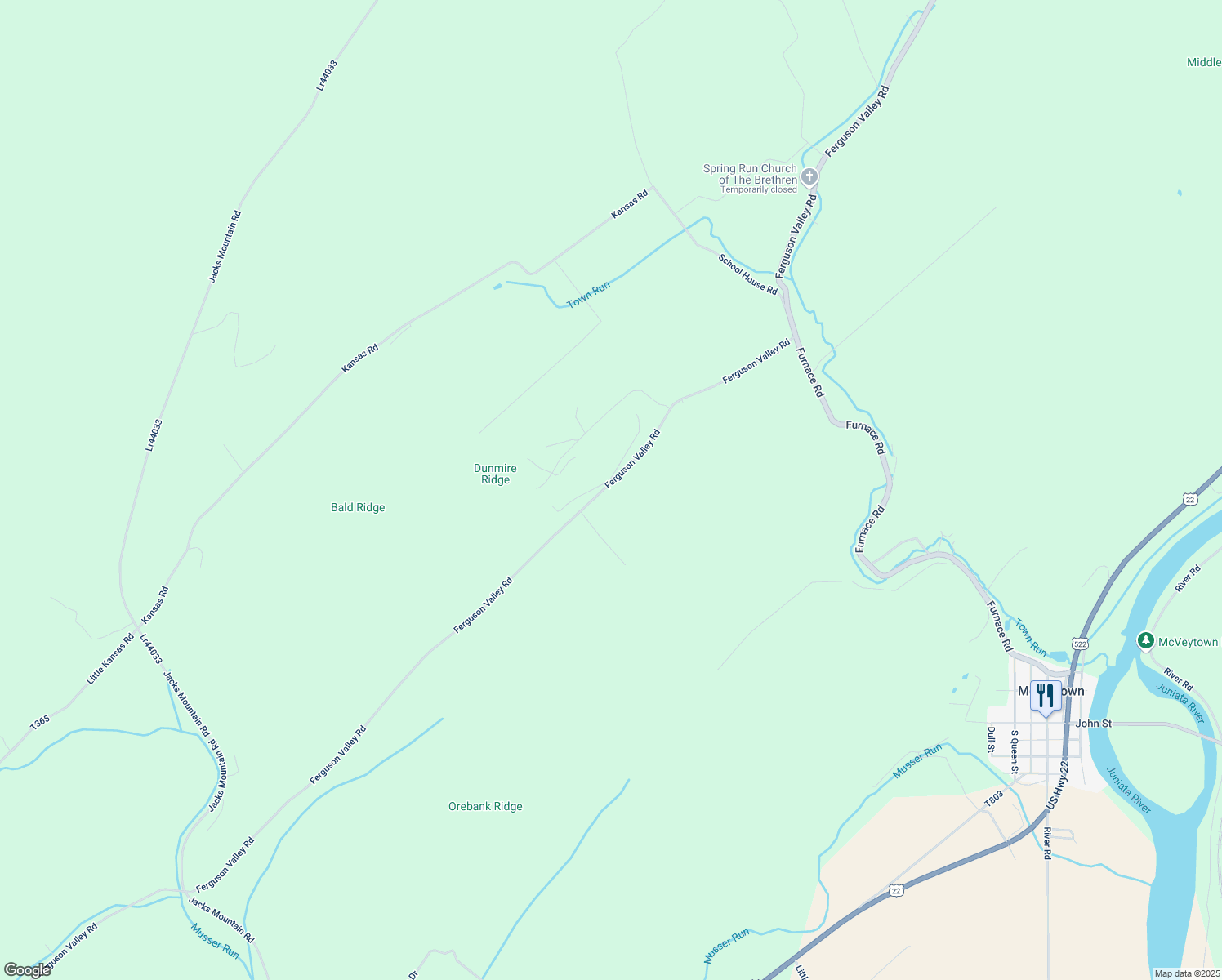 map of restaurants, bars, coffee shops, grocery stores, and more near 6159 Ferguson Valley Road in McVeytown