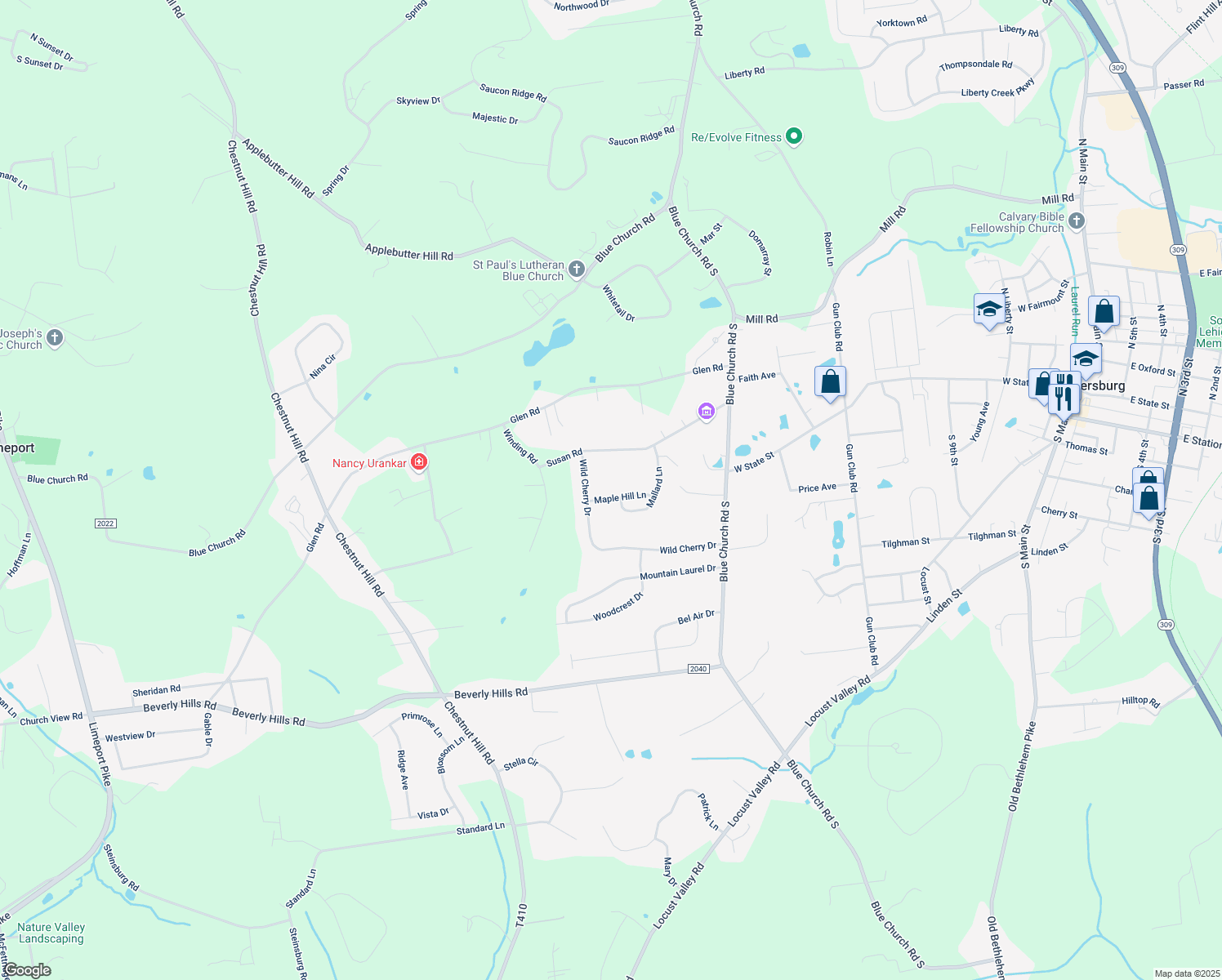 map of restaurants, bars, coffee shops, grocery stores, and more near 6449 Maple Hill Ln in Coopersburg