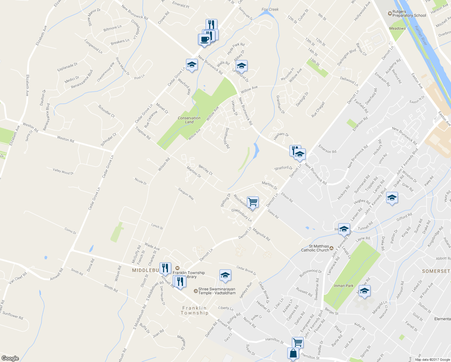 map of restaurants, bars, coffee shops, grocery stores, and more near 26 Barclay Court in Franklin Township