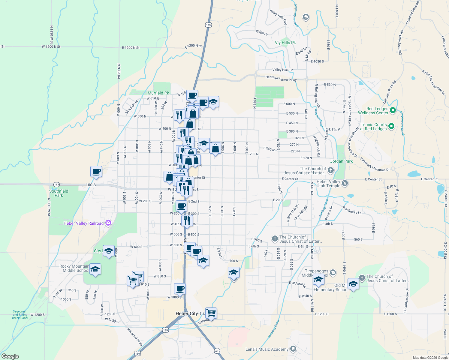map of restaurants, bars, coffee shops, grocery stores, and more near 9 South 300 East in Heber City