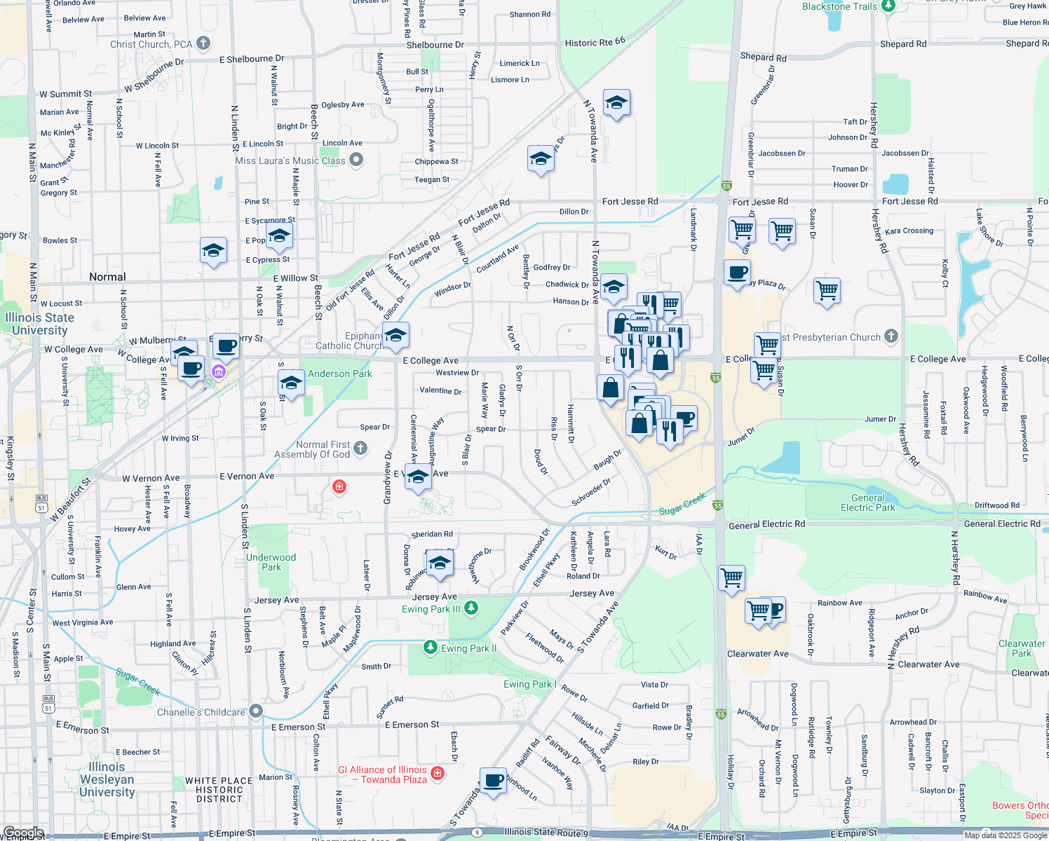 map of restaurants, bars, coffee shops, grocery stores, and more near 124 South Orr Drive in Normal