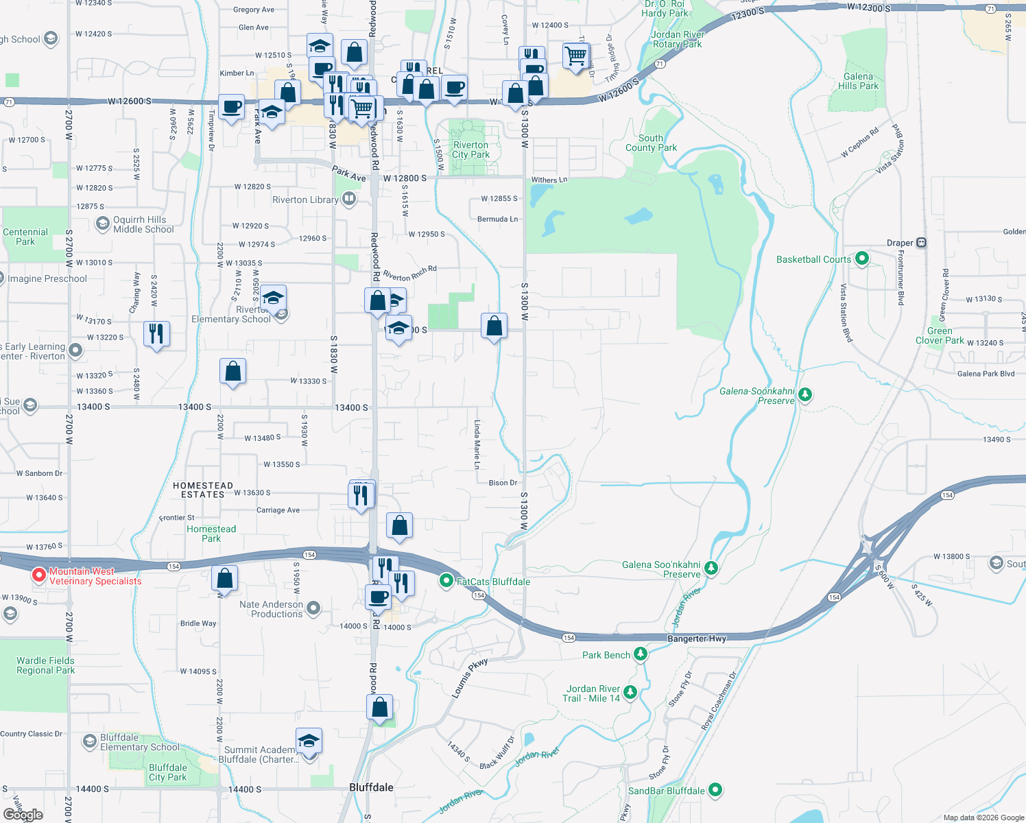 map of restaurants, bars, coffee shops, grocery stores, and more near 13408 South 1300 West in Riverton