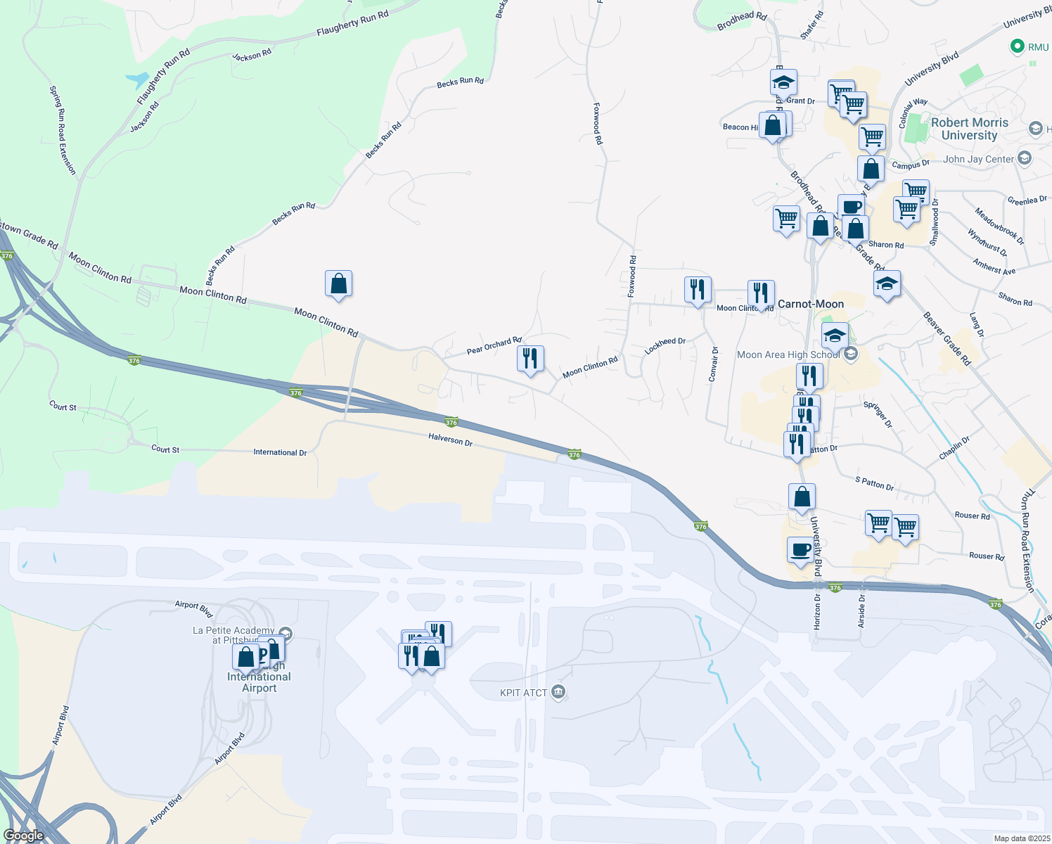 map of restaurants, bars, coffee shops, grocery stores, and more near 114 McLaughlin Road in Coraopolis