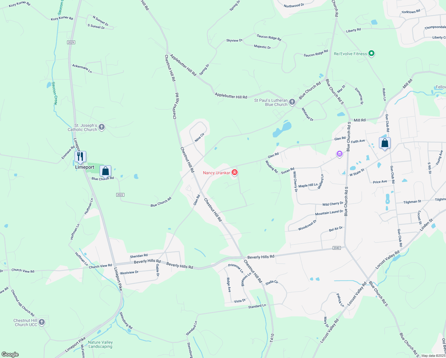 map of restaurants, bars, coffee shops, grocery stores, and more near 6030 Glen Rd in Coopersburg
