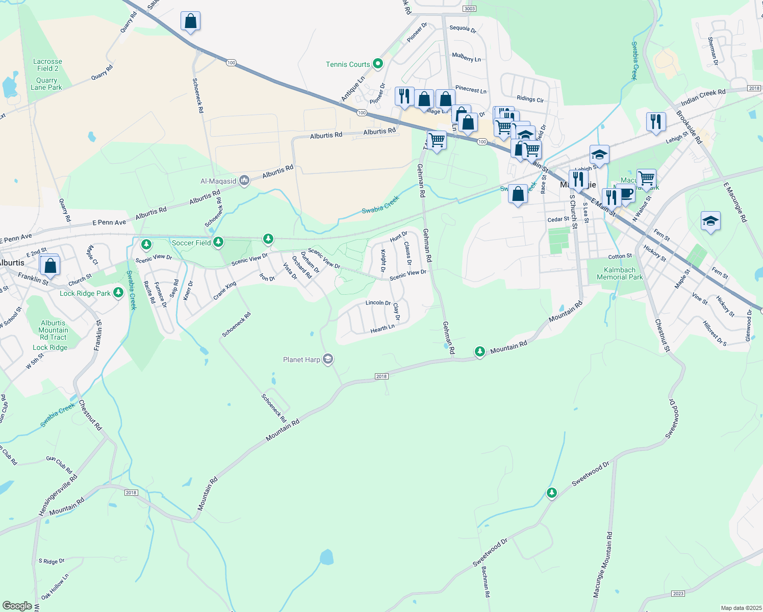 map of restaurants, bars, coffee shops, grocery stores, and more near 3850 Firebrick Road in Macungie