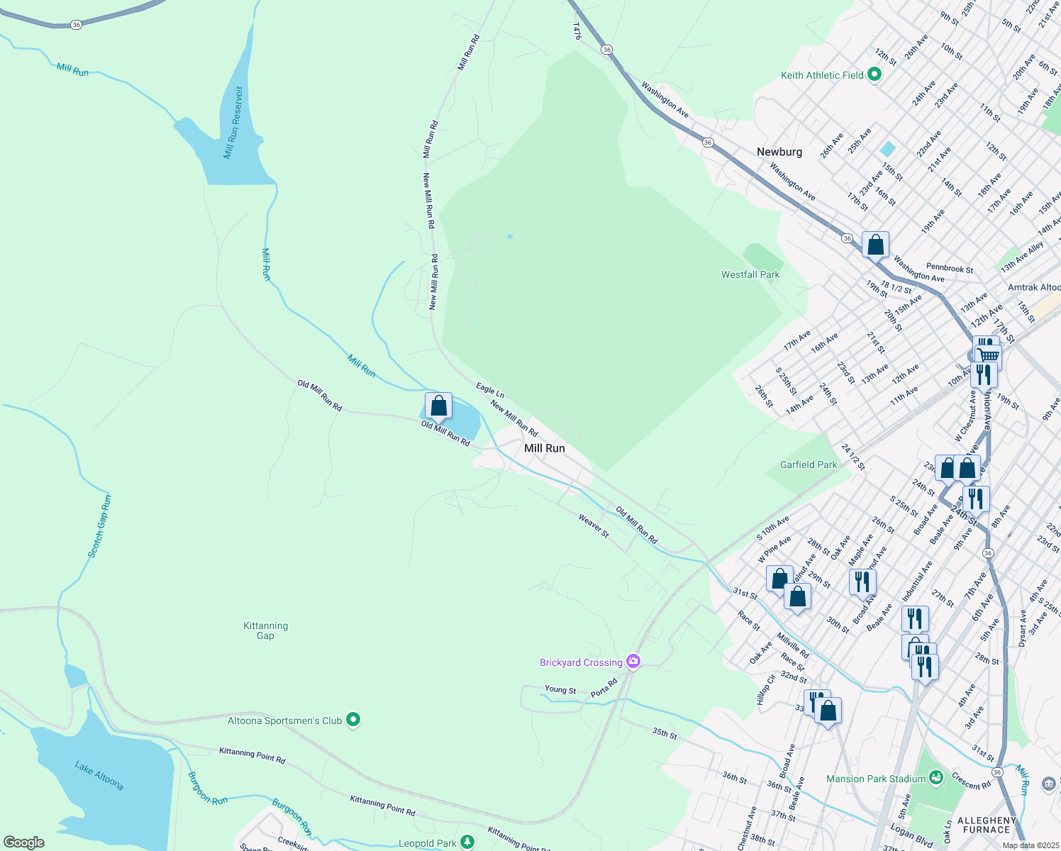 map of restaurants, bars, coffee shops, grocery stores, and more near Old Mill Run Road in Altoona