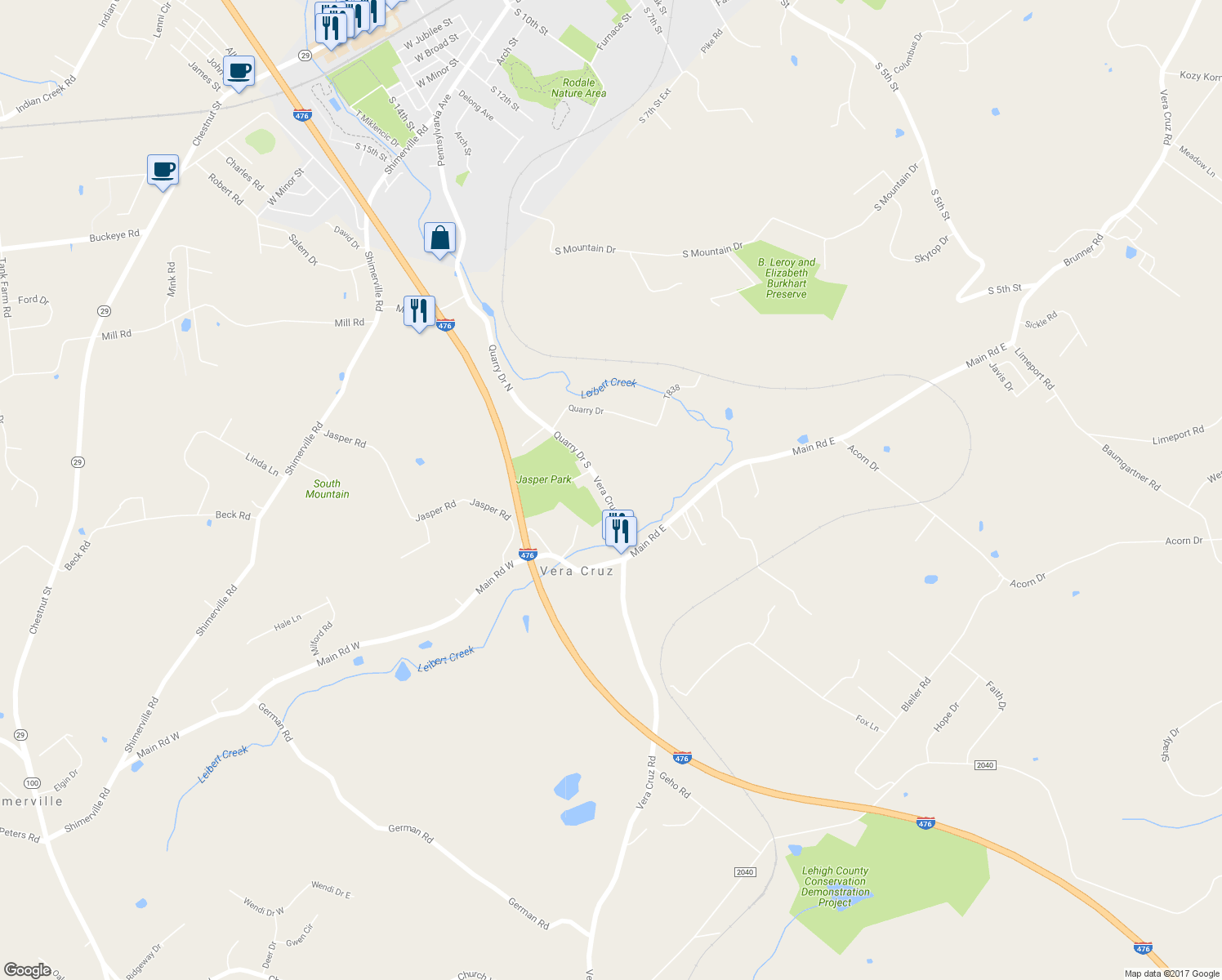 map of restaurants, bars, coffee shops, grocery stores, and more near 5111 Vera Cruz Road in Emmaus