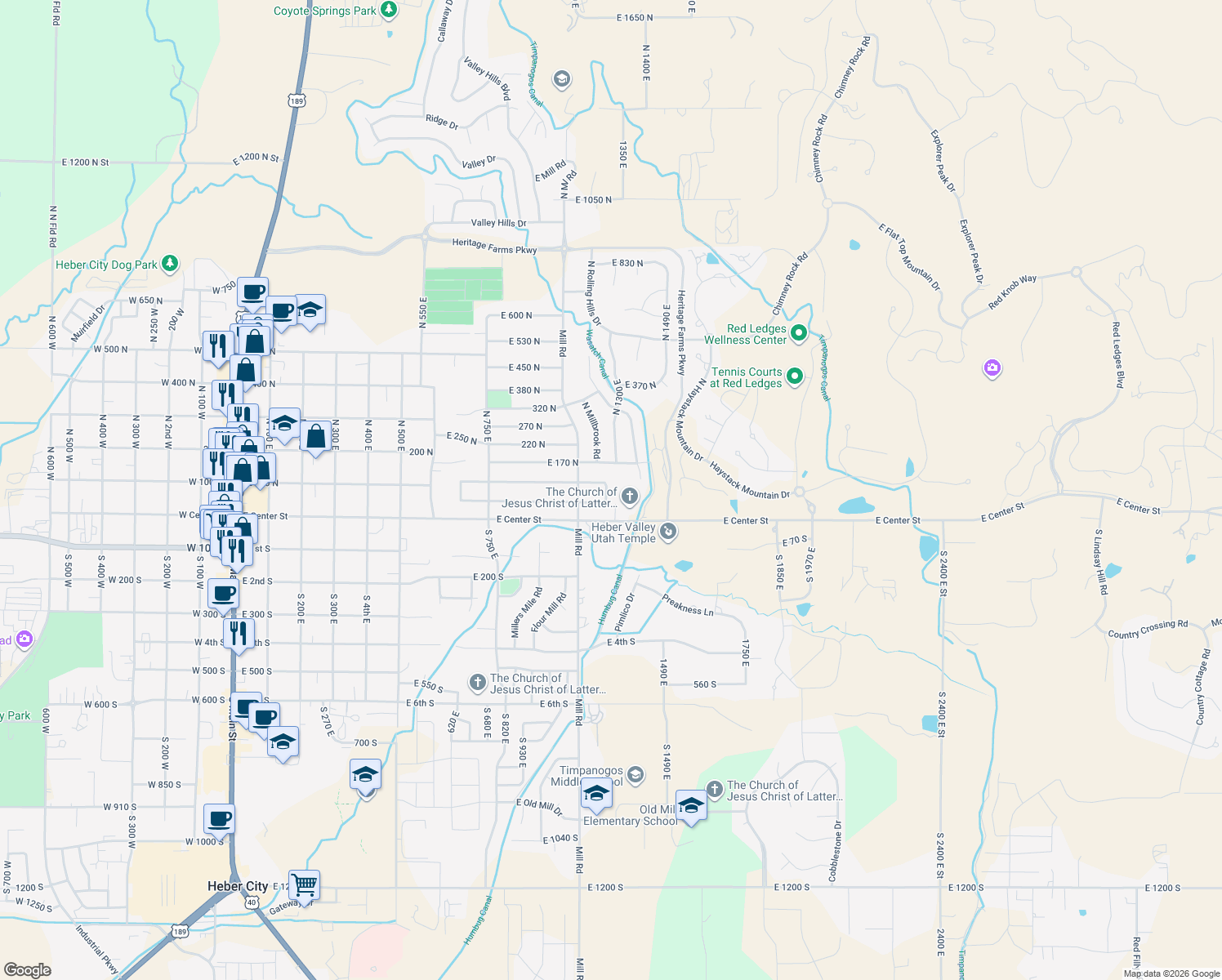 map of restaurants, bars, coffee shops, grocery stores, and more near 84 North 1280 East in Heber City