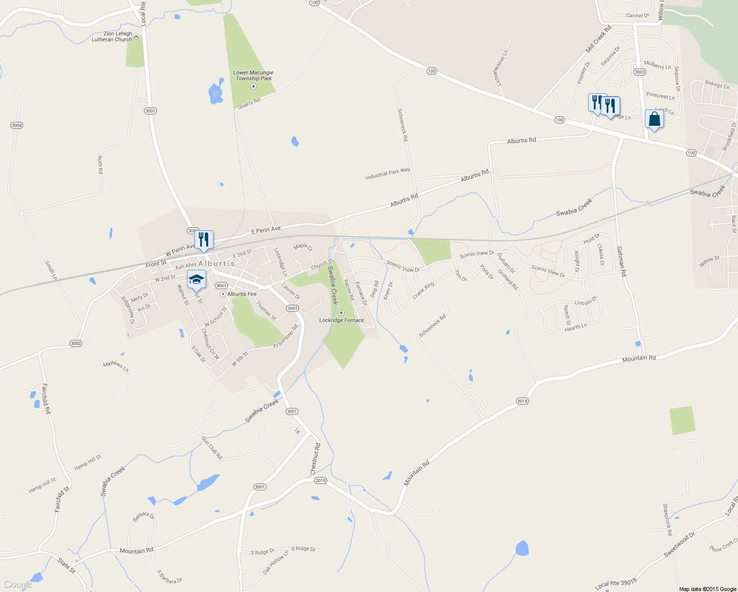 map of restaurants, bars, coffee shops, grocery stores, and more near 3426 Seip Road in Macungie