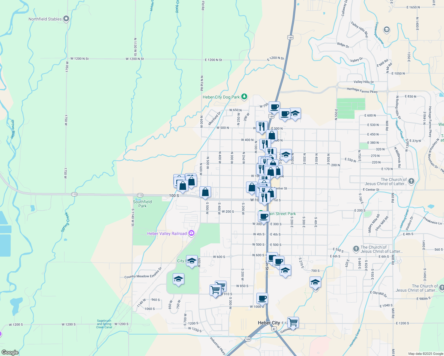 map of restaurants, bars, coffee shops, grocery stores, and more near 90 North 400 West in Heber City