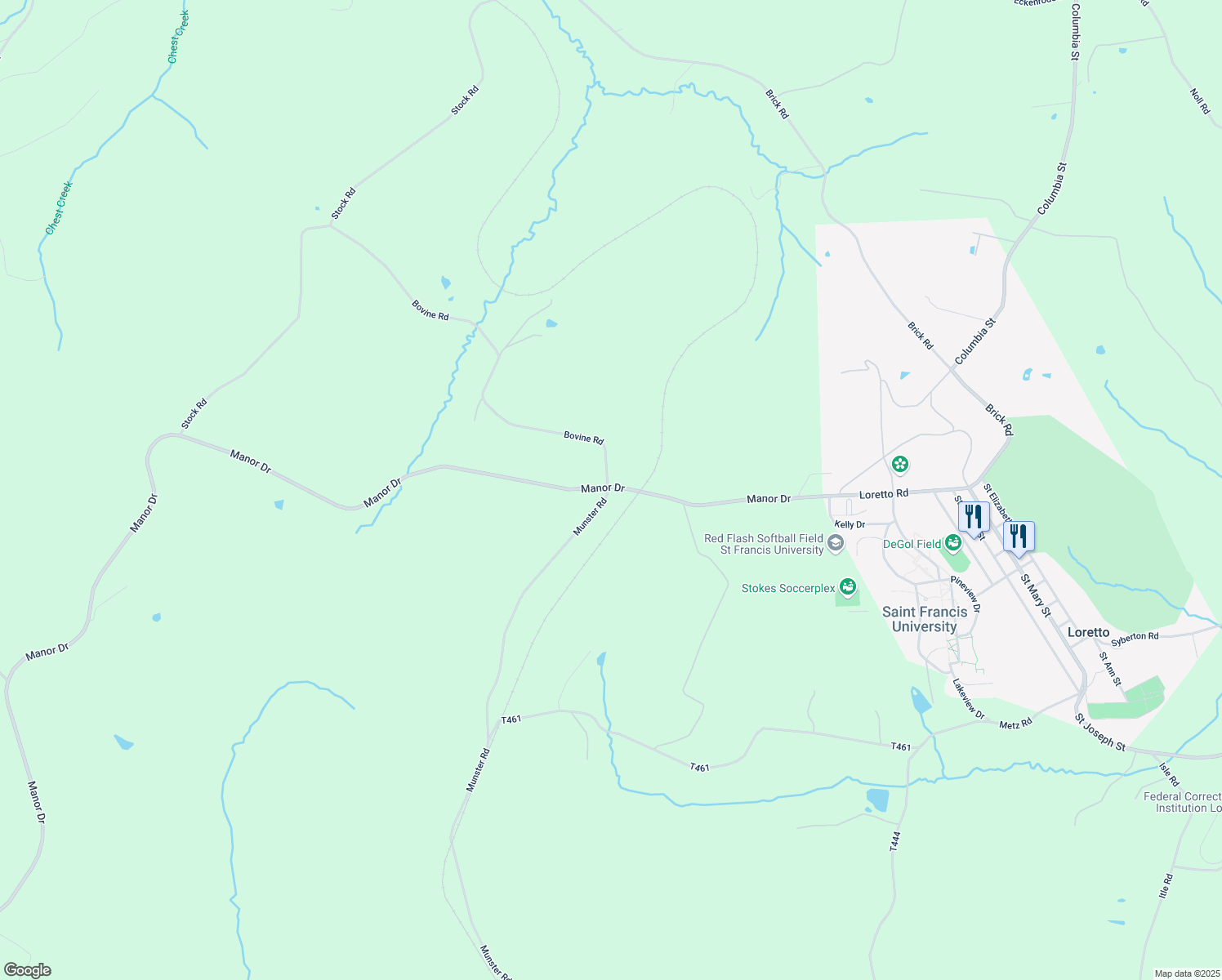 map of restaurants, bars, coffee shops, grocery stores, and more near 599 Bovine Rd in Ebensburg