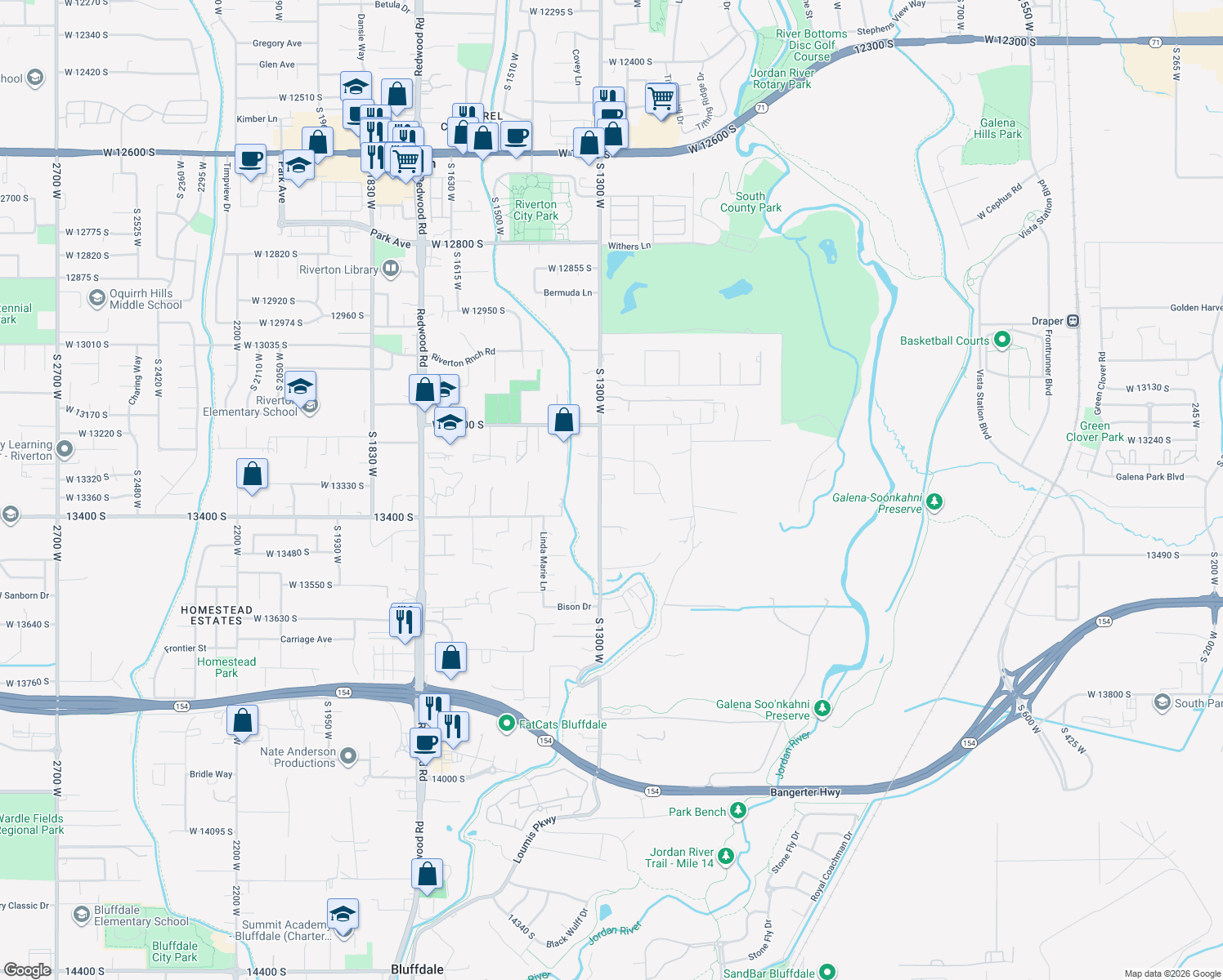 map of restaurants, bars, coffee shops, grocery stores, and more near 13341 S 1300 W in Riverton