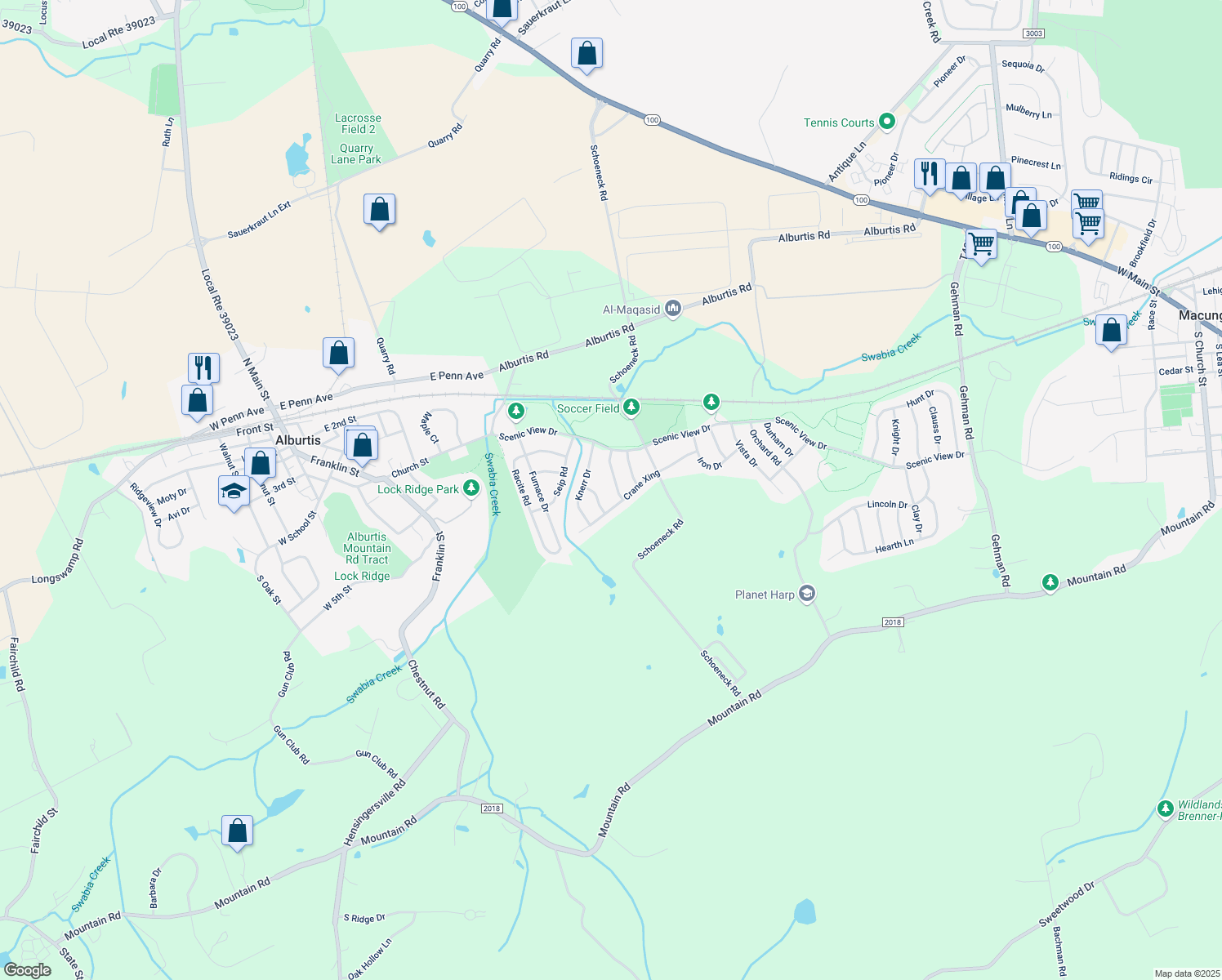 map of restaurants, bars, coffee shops, grocery stores, and more near 3470 McKeever Road in Macungie