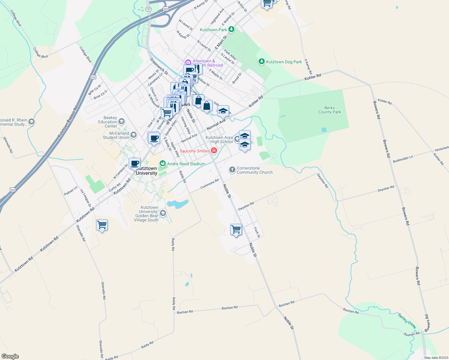 map of restaurants, bars, coffee shops, grocery stores, and more near 165 Koffee Lane in Kutztown