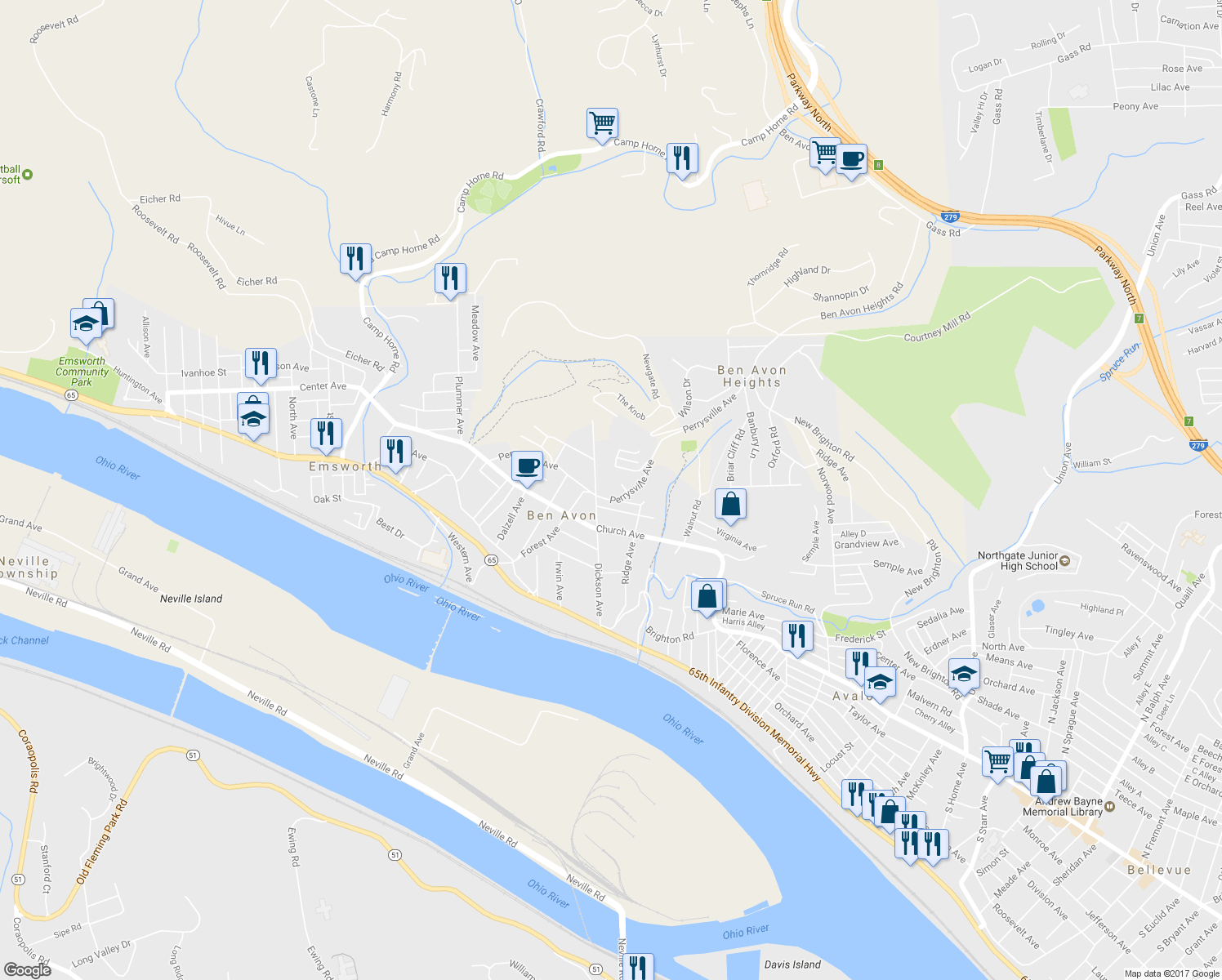 map of restaurants, bars, coffee shops, grocery stores, and more near 6900 Perrysville Avenue in Pittsburgh