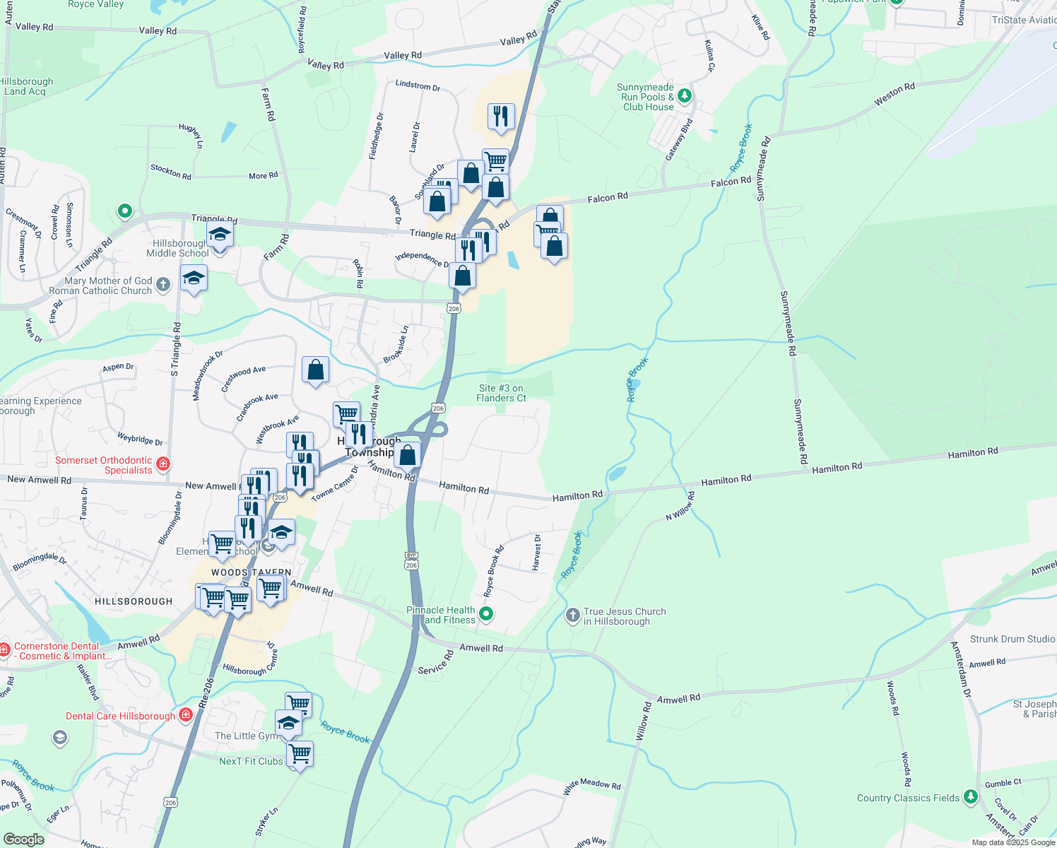 map of restaurants, bars, coffee shops, grocery stores, and more near 132 Flanders Drive in Somerset County