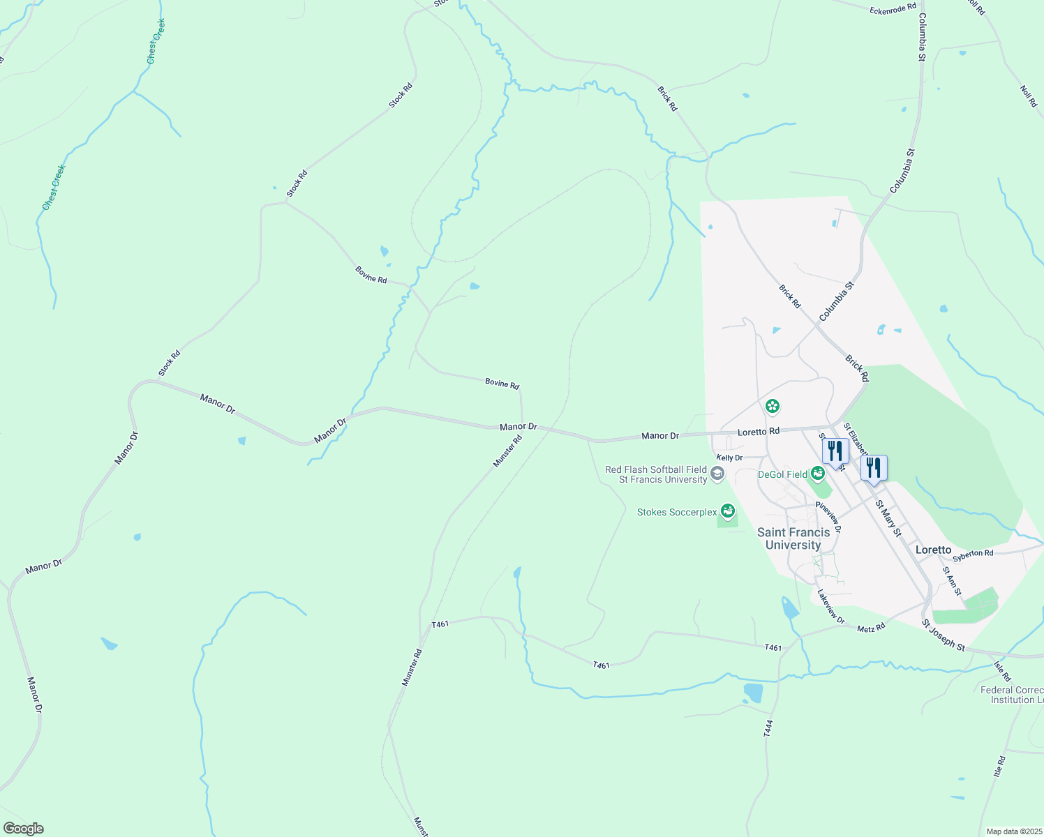 map of restaurants, bars, coffee shops, grocery stores, and more near 599 Bovine Rd in Ebensburg
