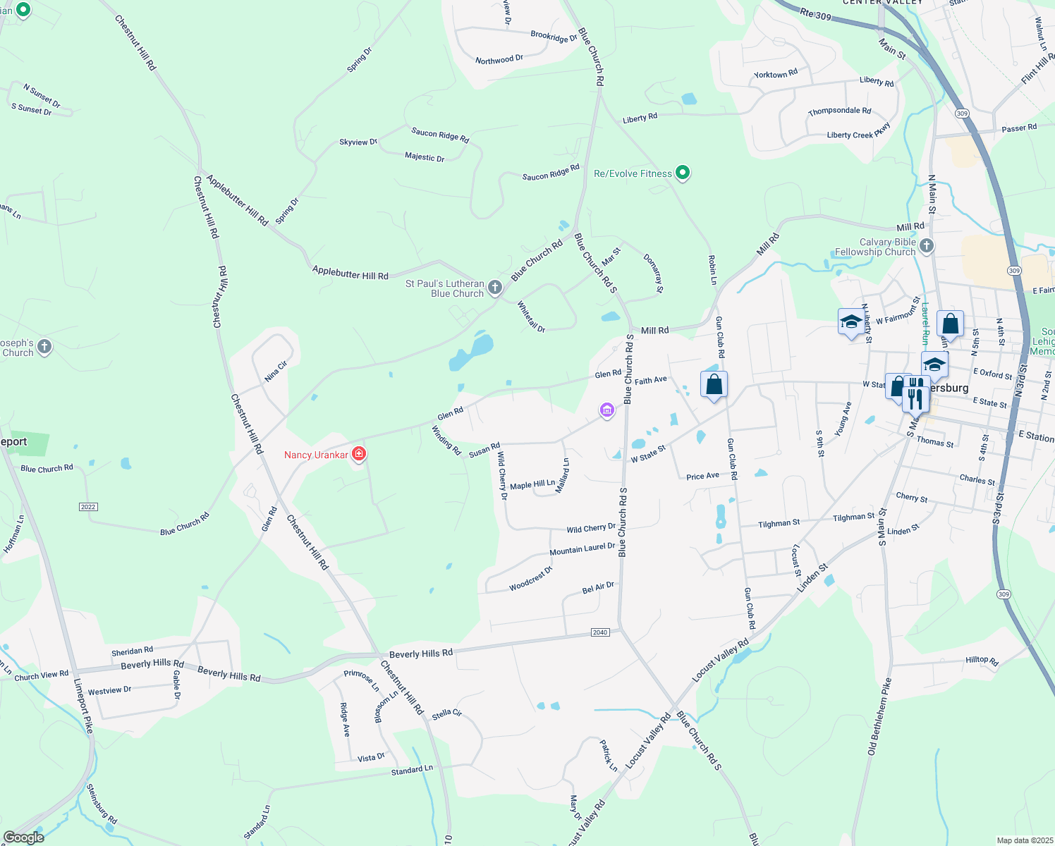 map of restaurants, bars, coffee shops, grocery stores, and more near 5535 Susan Road in Coopersburg