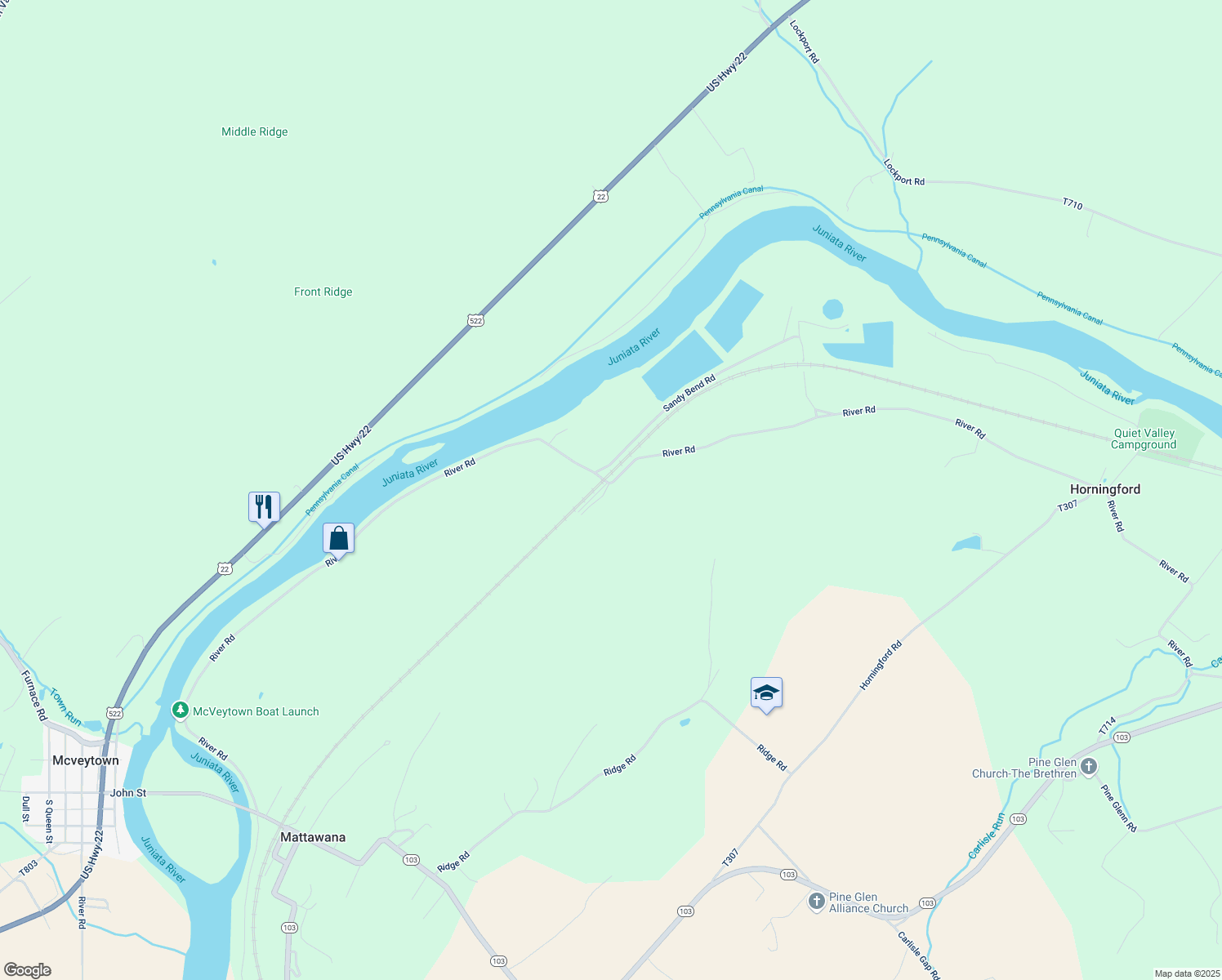 map of restaurants, bars, coffee shops, grocery stores, and more near 348 South River Road in McVeytown