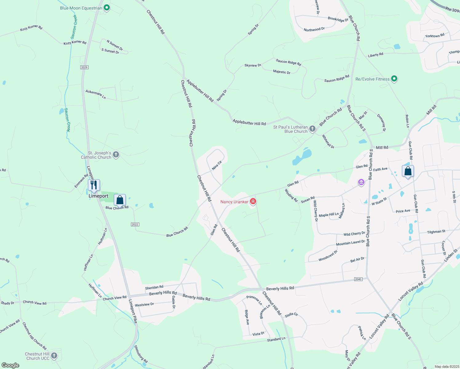 map of restaurants, bars, coffee shops, grocery stores, and more near 5978 Blue Church Rd in Coopersburg