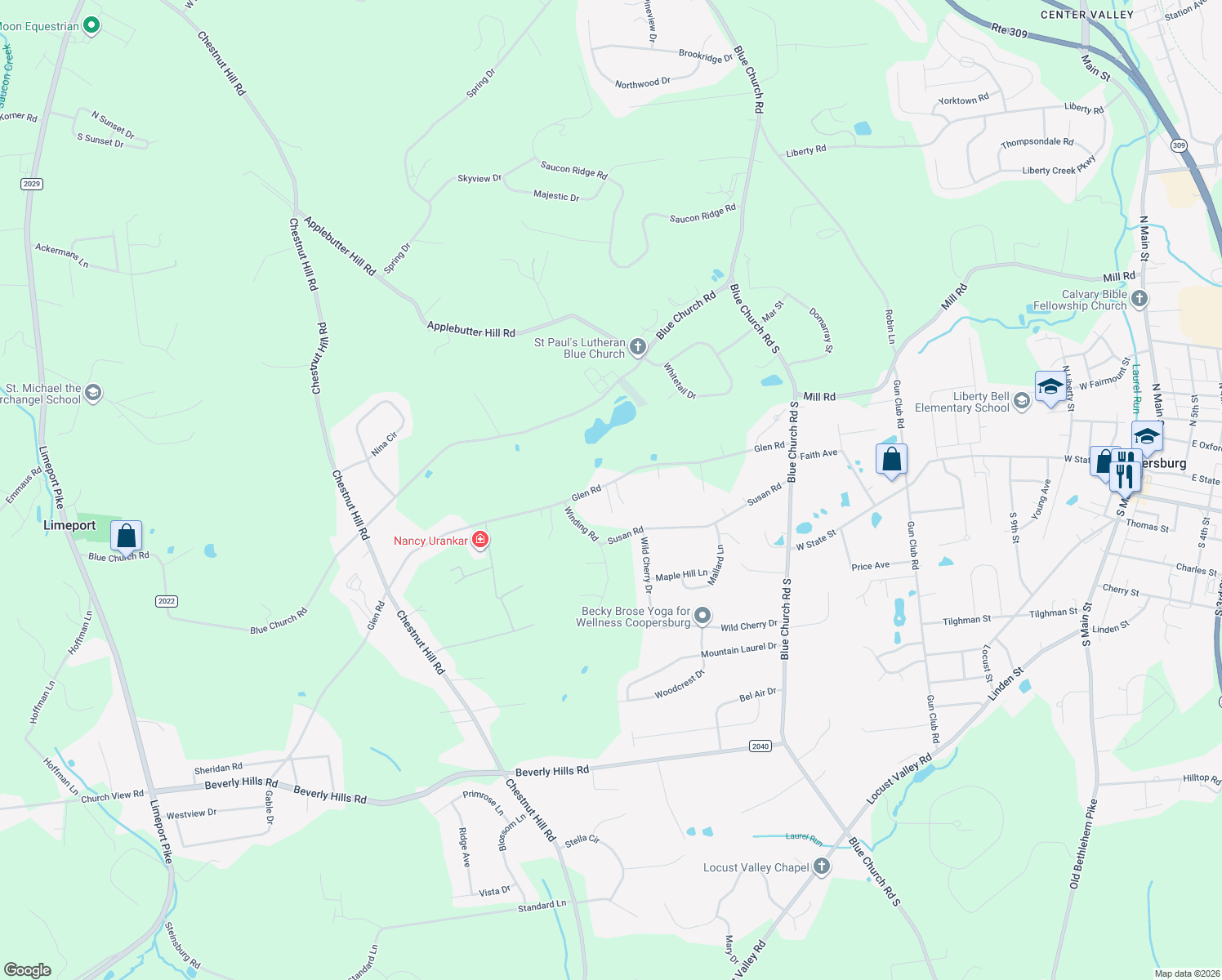 map of restaurants, bars, coffee shops, grocery stores, and more near 5502 Glen Road in Coopersburg