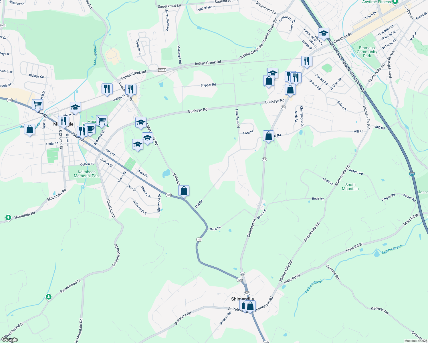 map of restaurants, bars, coffee shops, grocery stores, and more near 5209 Homestead Circle in Emmaus