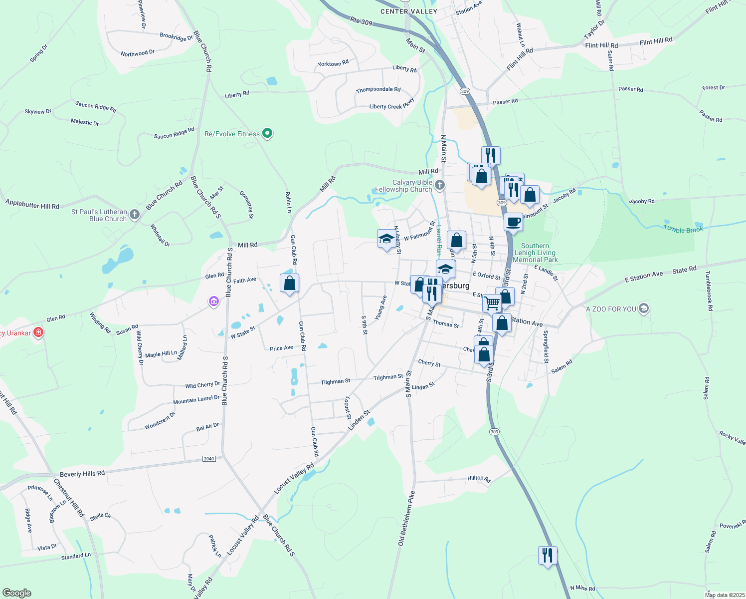 map of restaurants, bars, coffee shops, grocery stores, and more near 824 West Station Avenue in Coopersburg