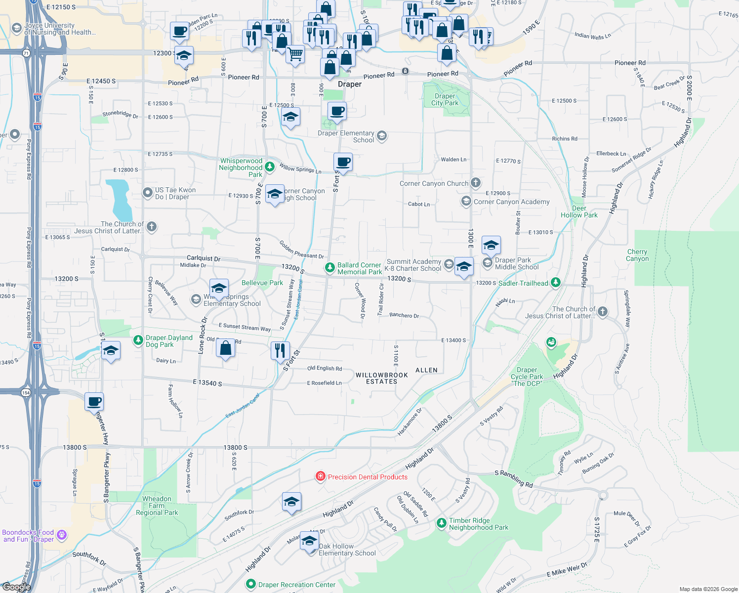 map of restaurants, bars, coffee shops, grocery stores, and more near 13273 Corner Wood Dr in Draper