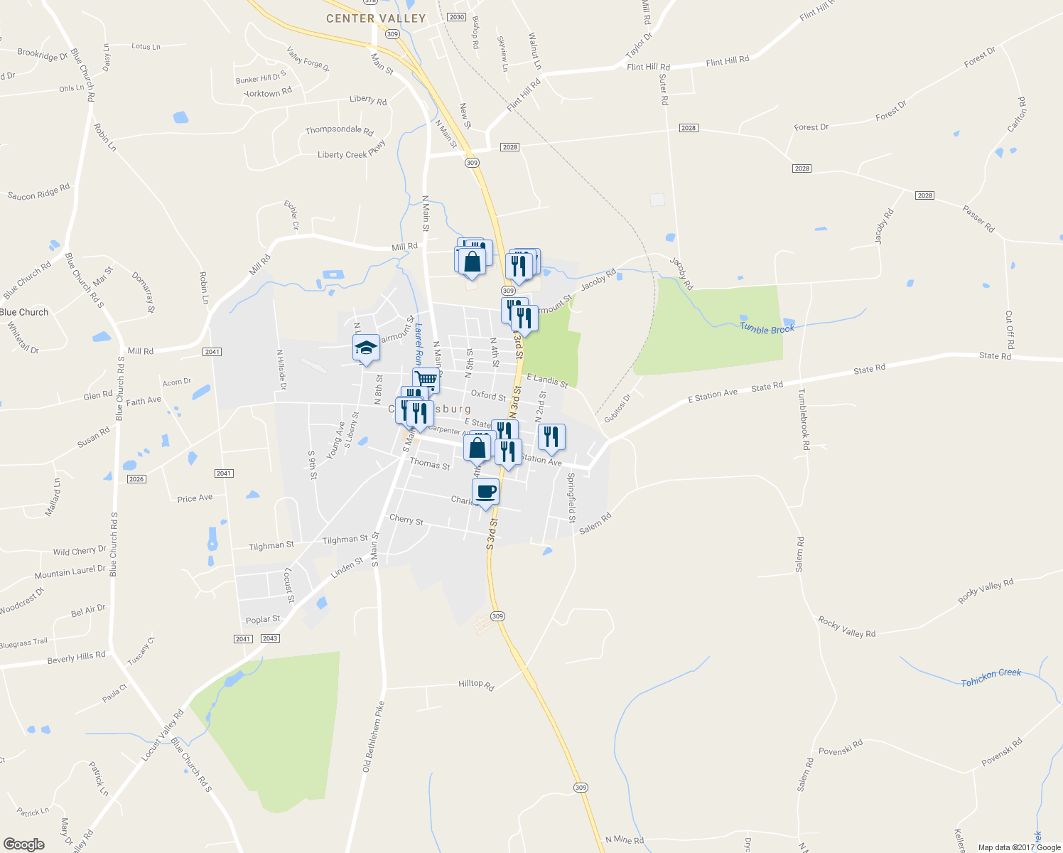 map of restaurants, bars, coffee shops, grocery stores, and more near 201 East State Street in Coopersburg