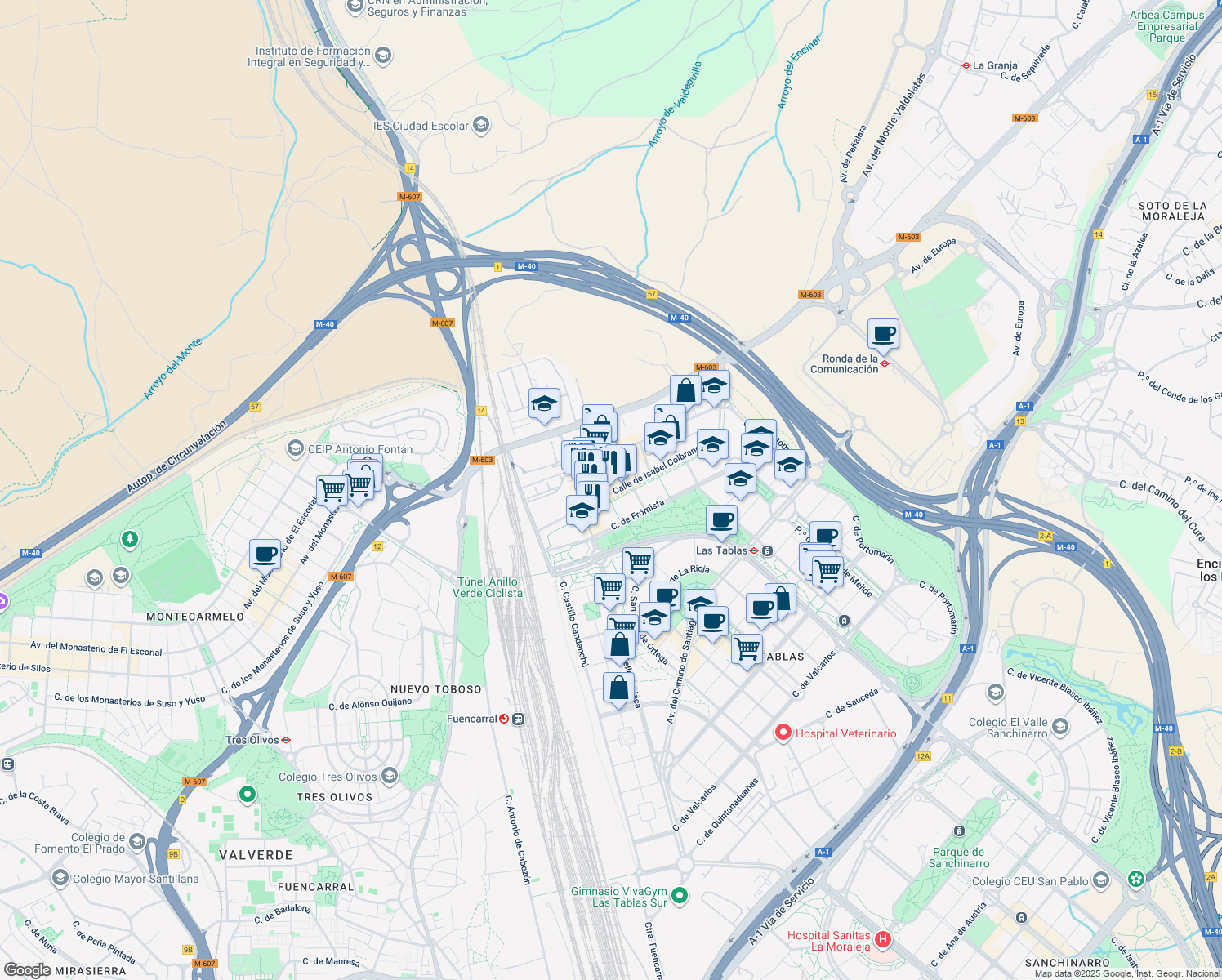 map of restaurants, bars, coffee shops, grocery stores, and more near 18 Calle Isabel Colbrand in Madrid