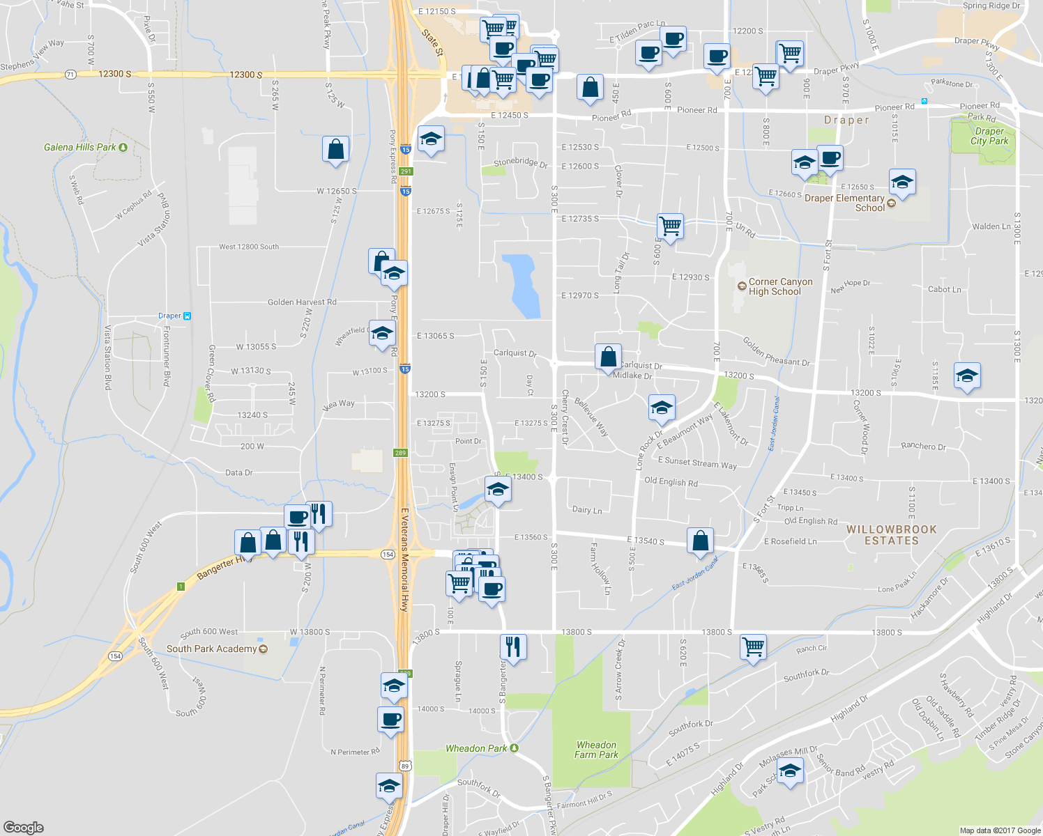 map of restaurants, bars, coffee shops, grocery stores, and more near 265 East 13275 South in Draper