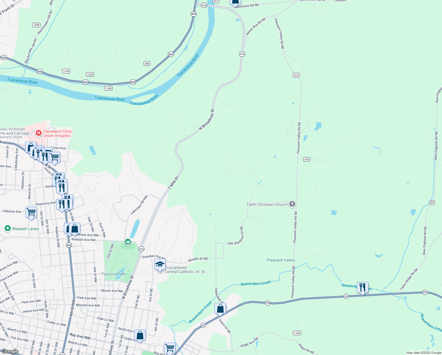 map of restaurants, bars, coffee shops, grocery stores, and more near 1164 Pine Bluff Drive Northeast in New Philadelphia