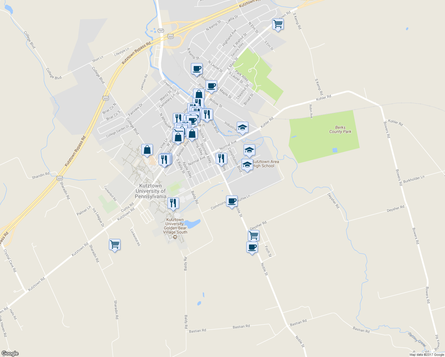 map of restaurants, bars, coffee shops, grocery stores, and more near 440 Noble Street in Kutztown