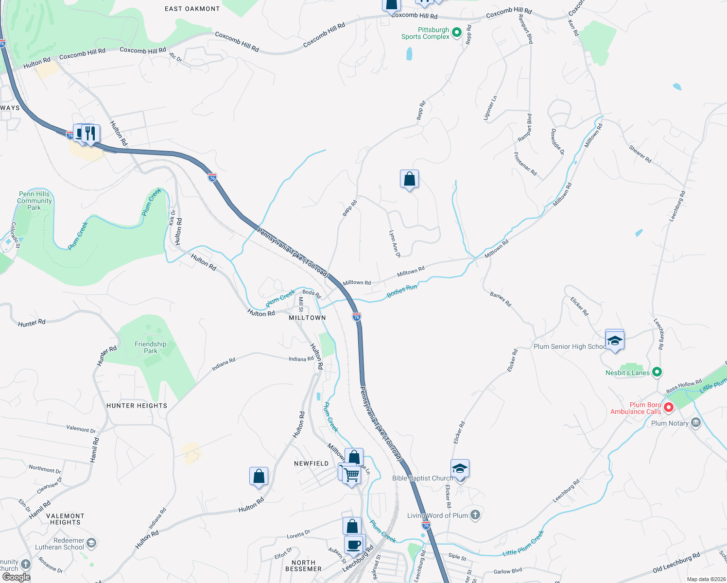 map of restaurants, bars, coffee shops, grocery stores, and more near 600 Milltown Road in New Kensington