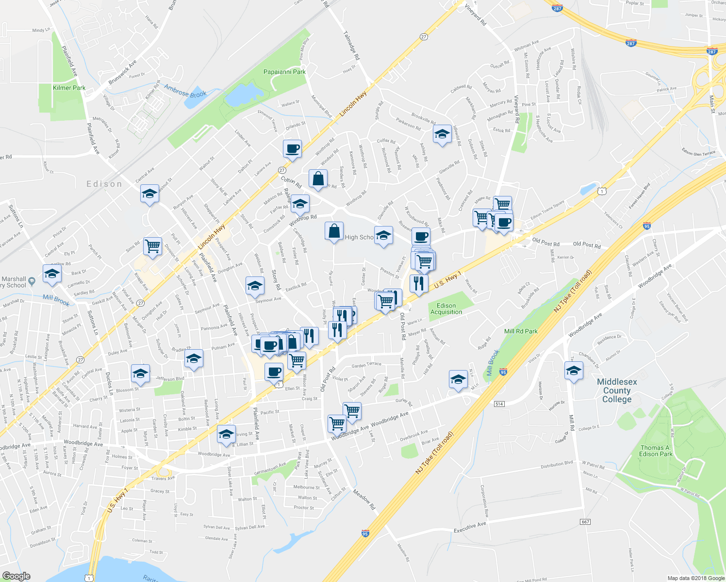 map of restaurants, bars, coffee shops, grocery stores, and more near 2 Center Street in Edison