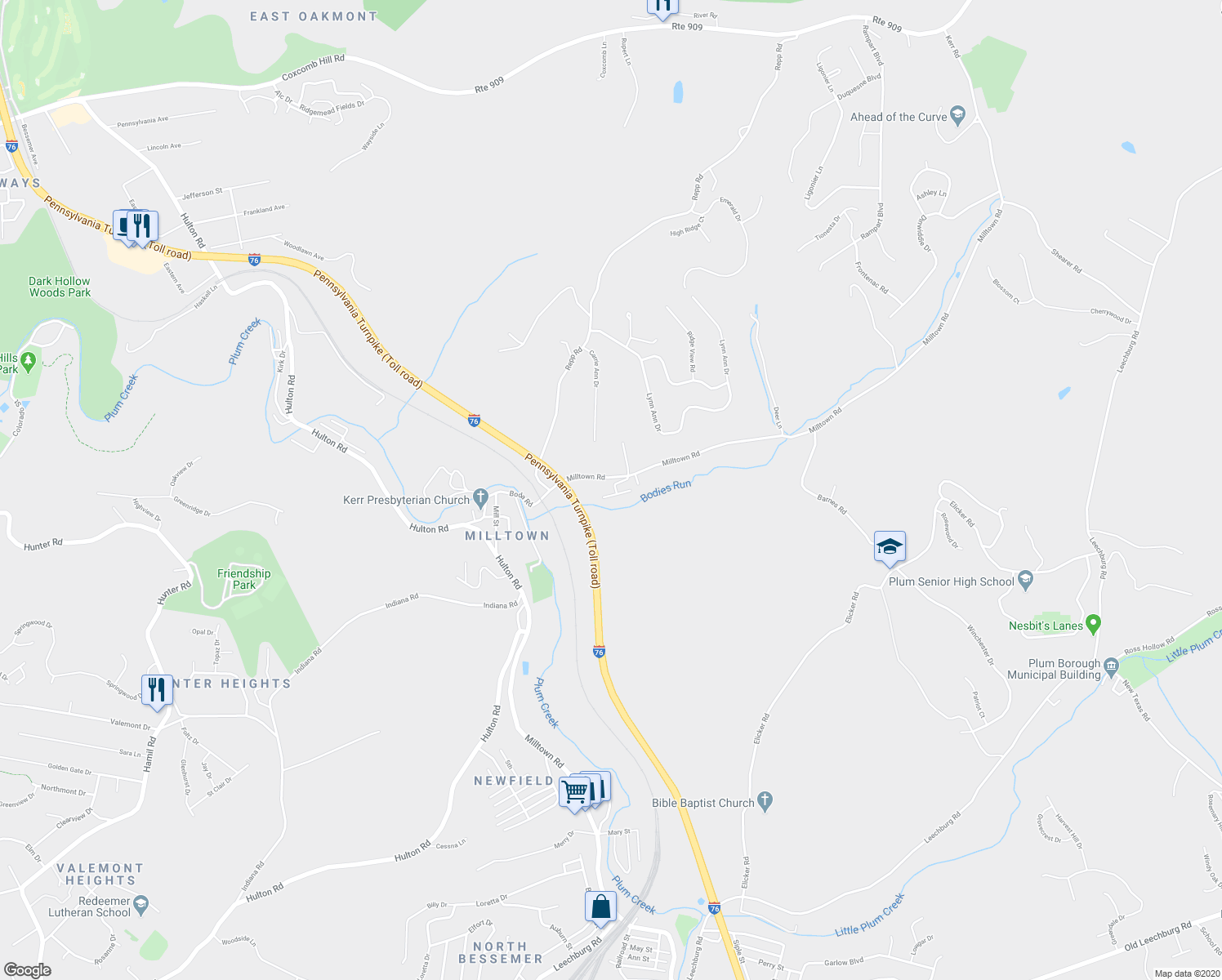 map of restaurants, bars, coffee shops, grocery stores, and more near 600 Milltown Road in New Kensington