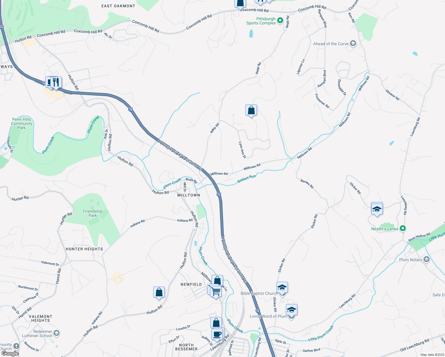 map of restaurants, bars, coffee shops, grocery stores, and more near 600 Milltown Road in New Kensington
