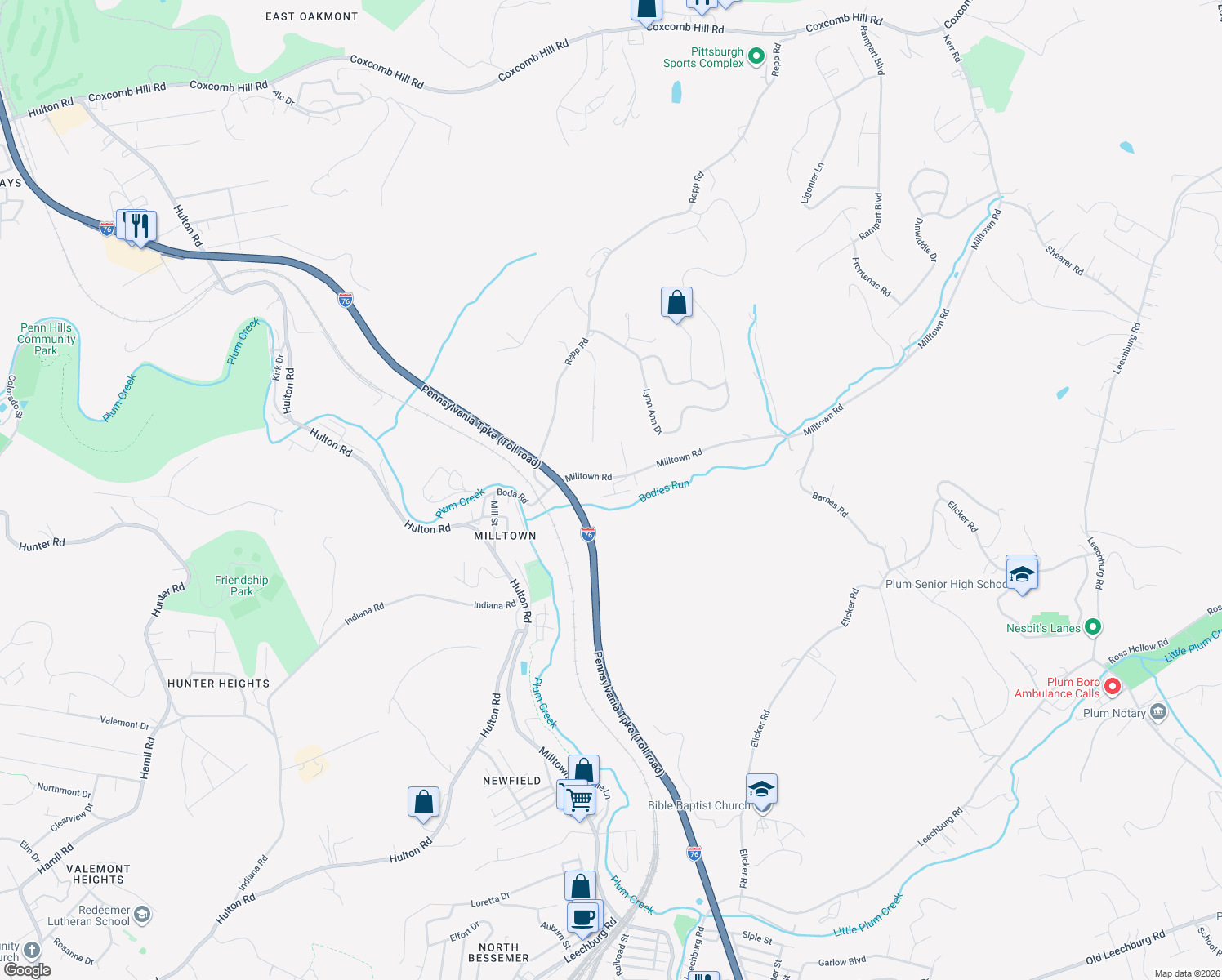 map of restaurants, bars, coffee shops, grocery stores, and more near 400 Kellywood Manor in New Kensington
