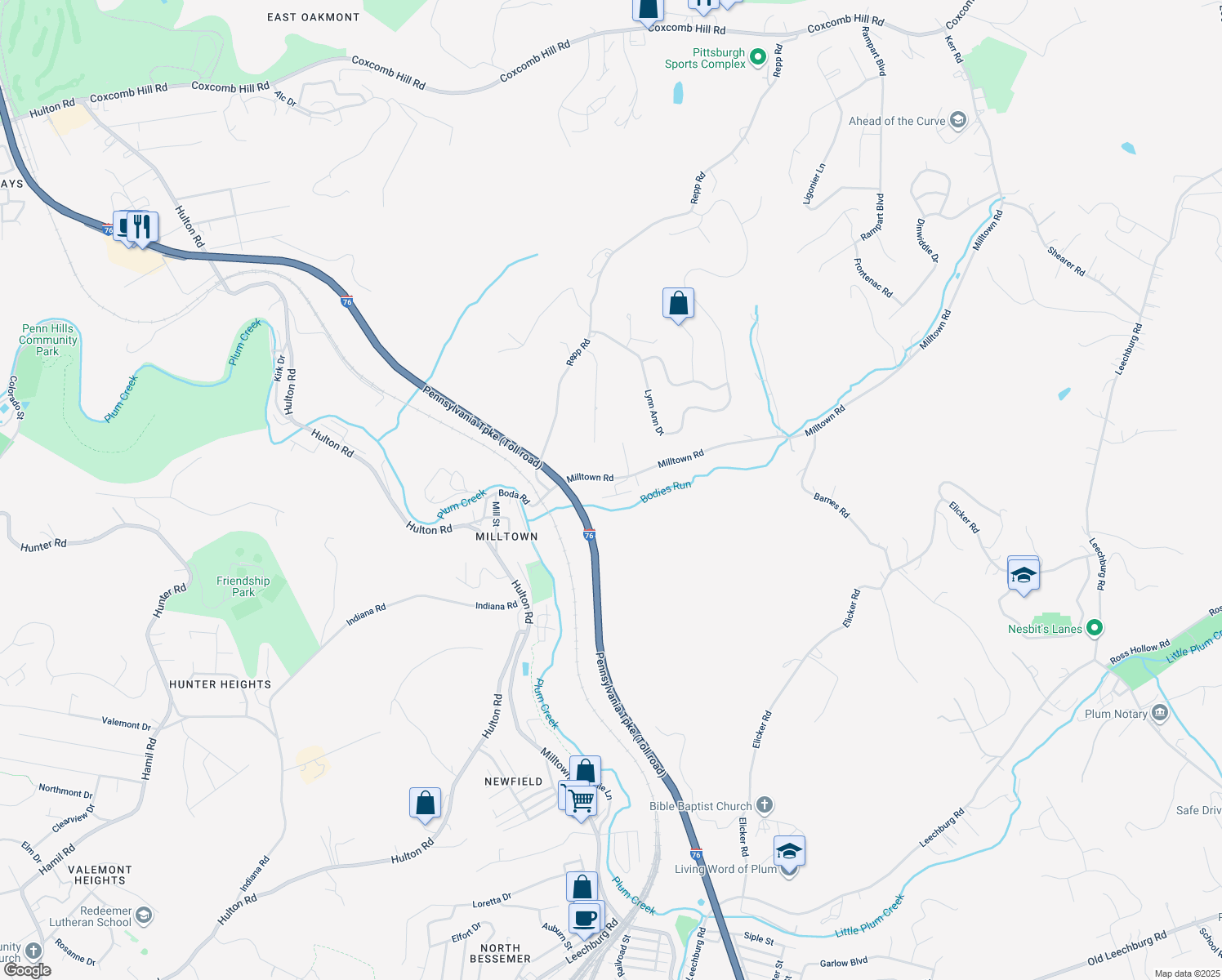 map of restaurants, bars, coffee shops, grocery stores, and more near 600 Milltown Road in New Kensington