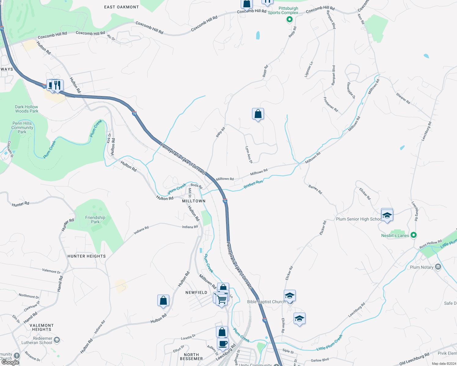 map of restaurants, bars, coffee shops, grocery stores, and more near 600 Milltown Road in New Kensington